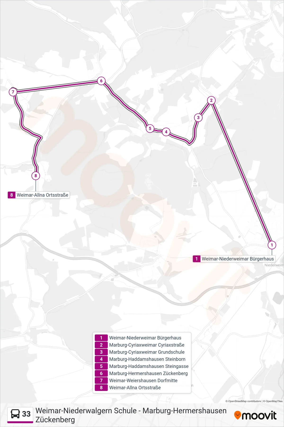 Linie 33 (Bus) Richtung Weimar-Allna Ortsstraße: Route und Haltestellen auf der Karte