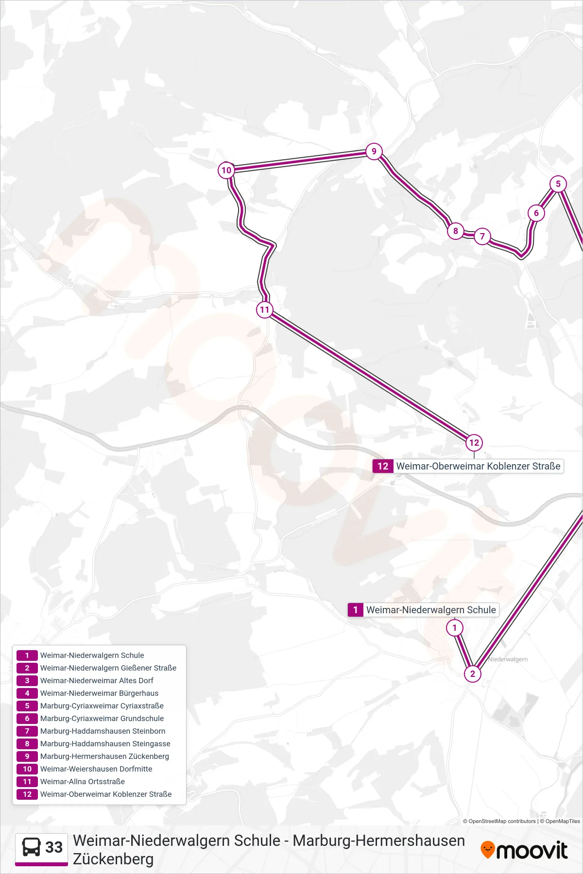 33 bus Line (Weimar-Oberweimar Koblenzer Straße) route and stops on a map