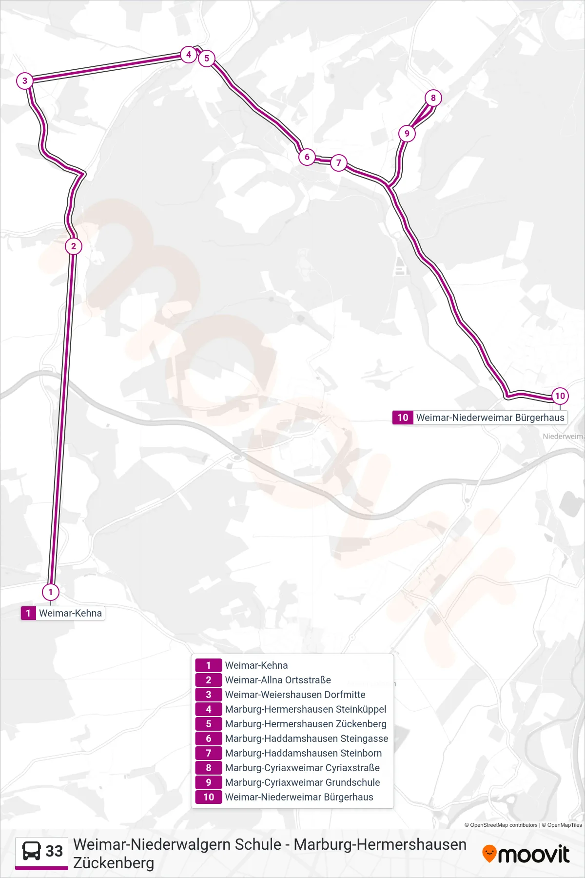 33 bus Line (Weimar-Niederweimar Bürgerhaus) route and stops on a map