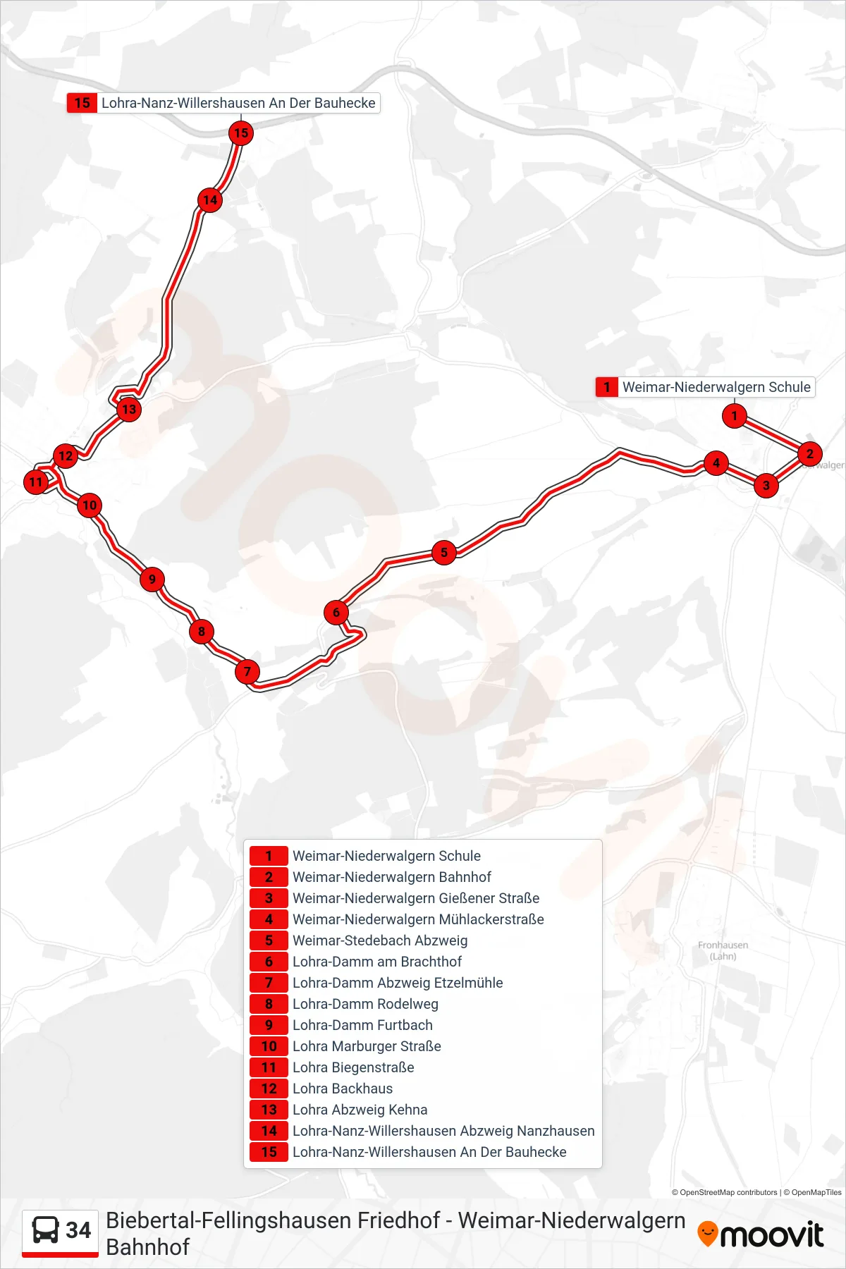34 bus Line (Lohra-Nanz-Willershausen An Der Bauhecke) route and stops on a map