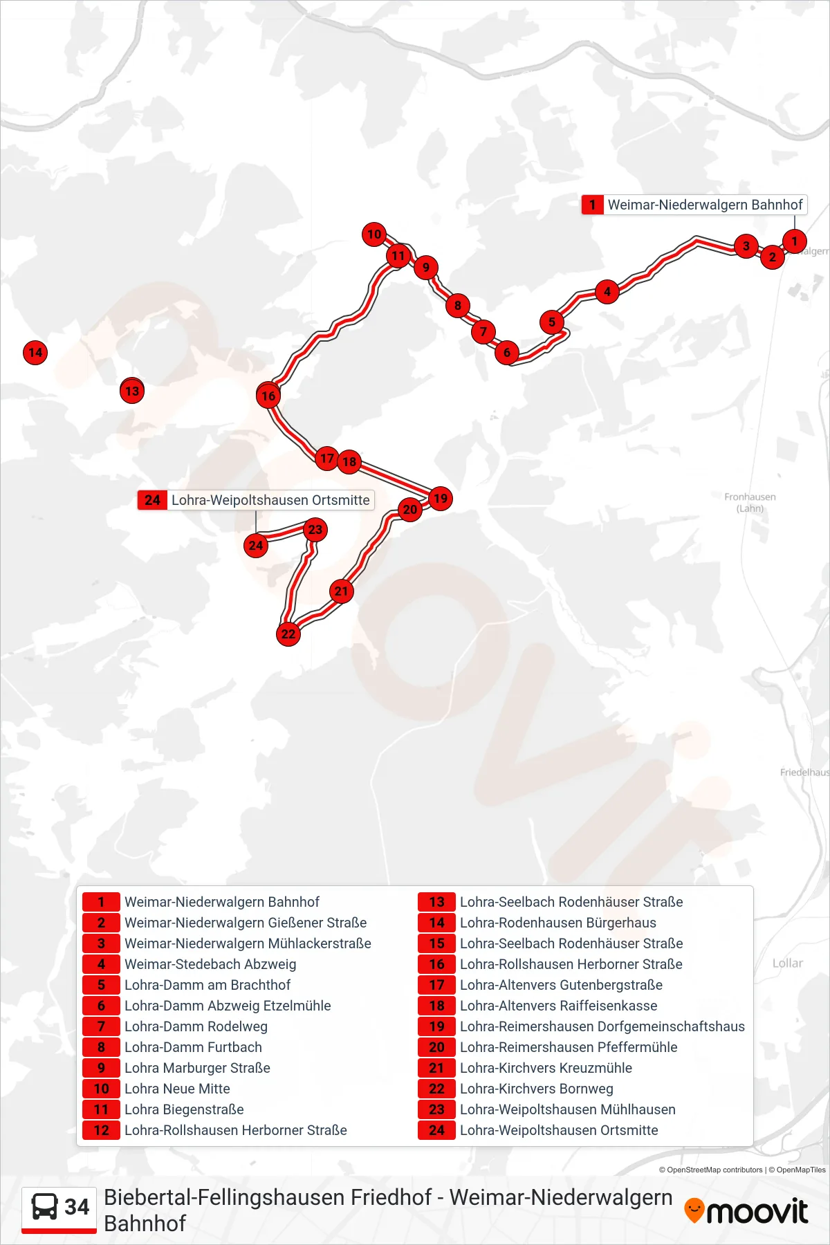 34 bus Line (Lohra-Weipoltshausen Ortsmitte) route and stops on a map