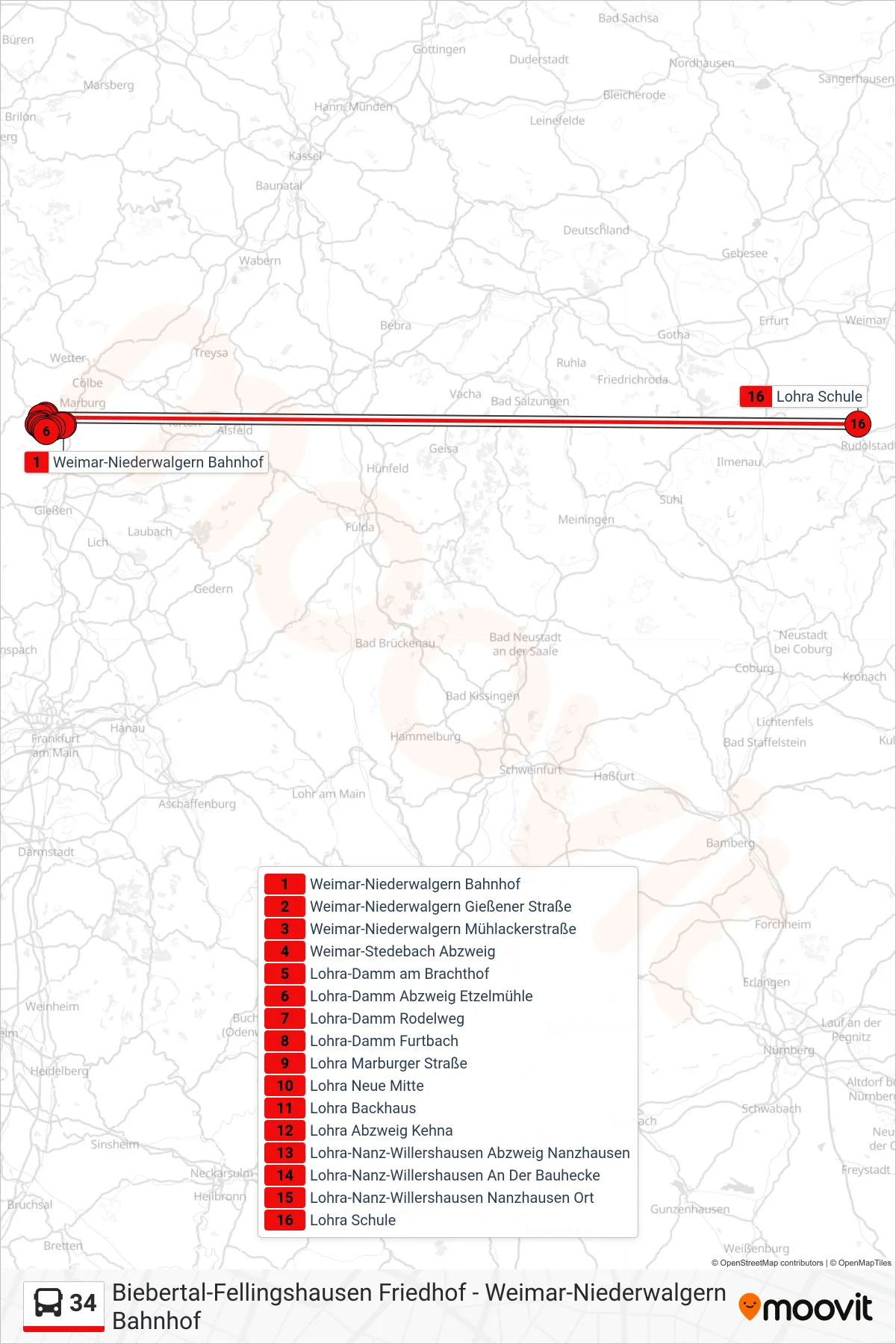 34 bus Line (Lohra Schule) route and stops on a map