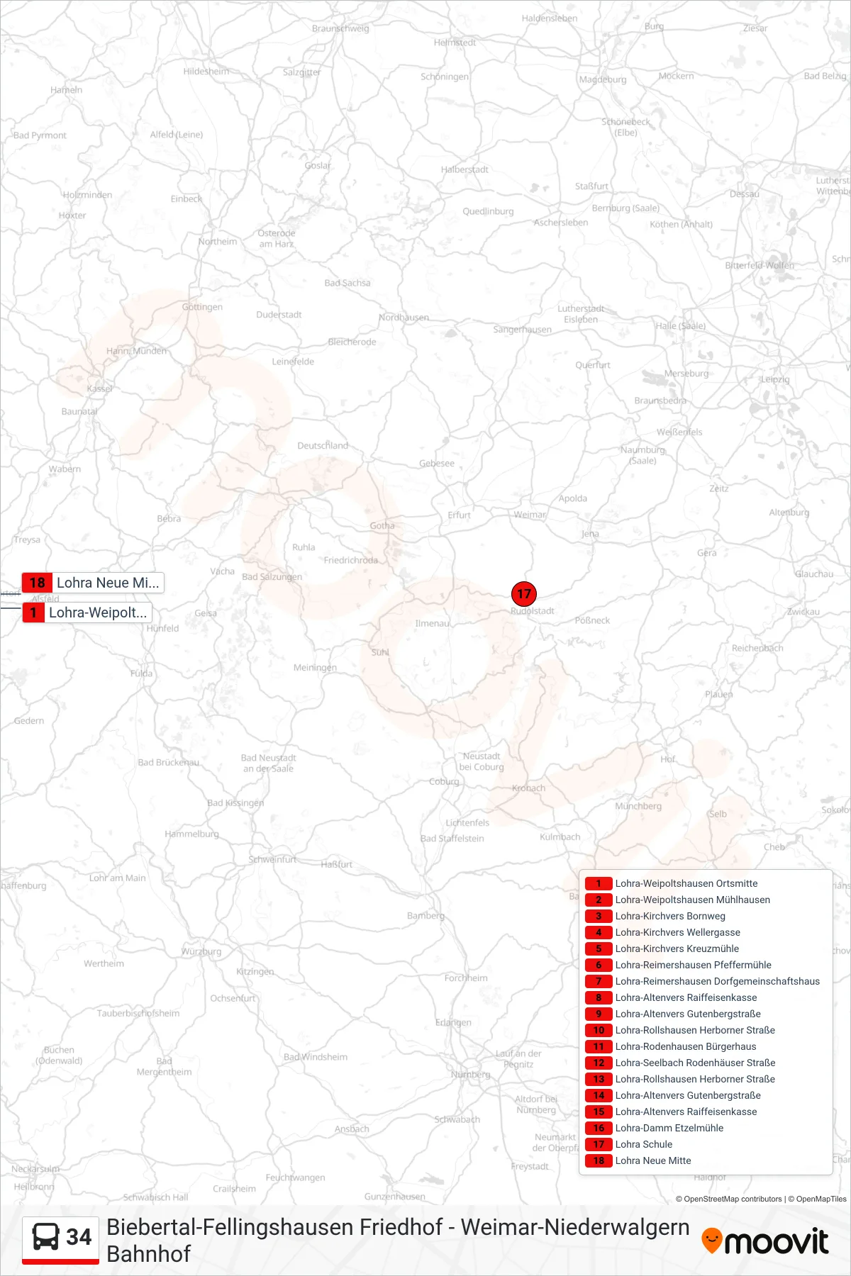 34 bus Line (Lohra Neue Mitte) route and stops on a map