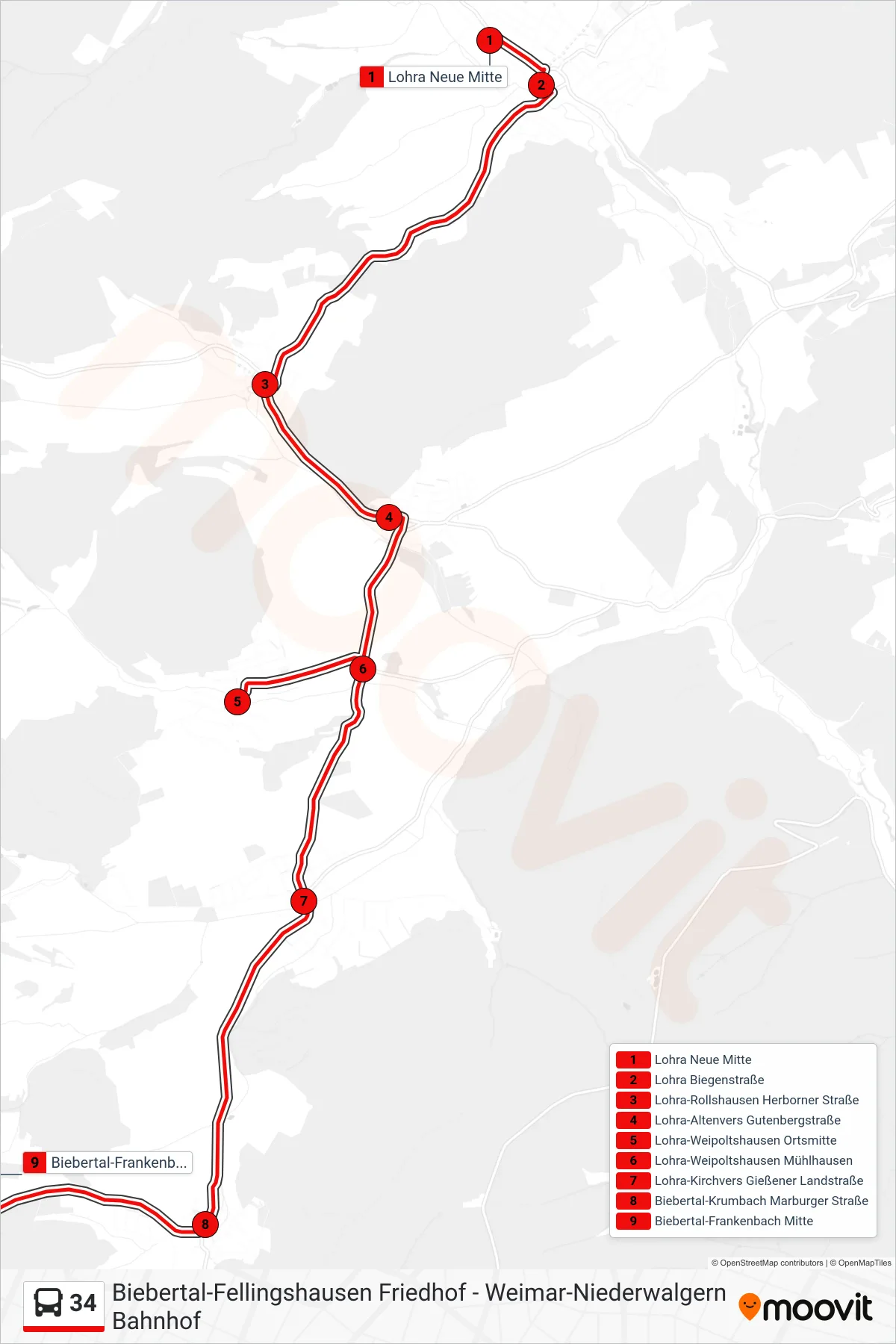 34 bus Line (Biebertal-Frankenbach Mitte) route and stops on a map