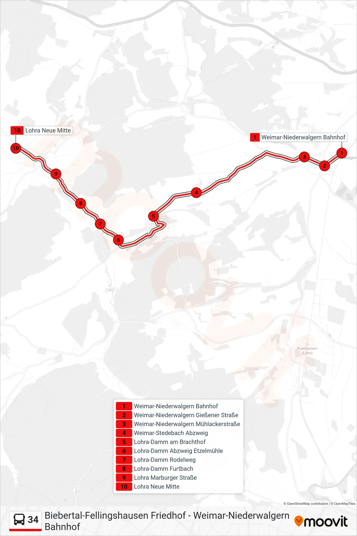 34 bus Line (Lohra Neue Mitte) route and stops on a map