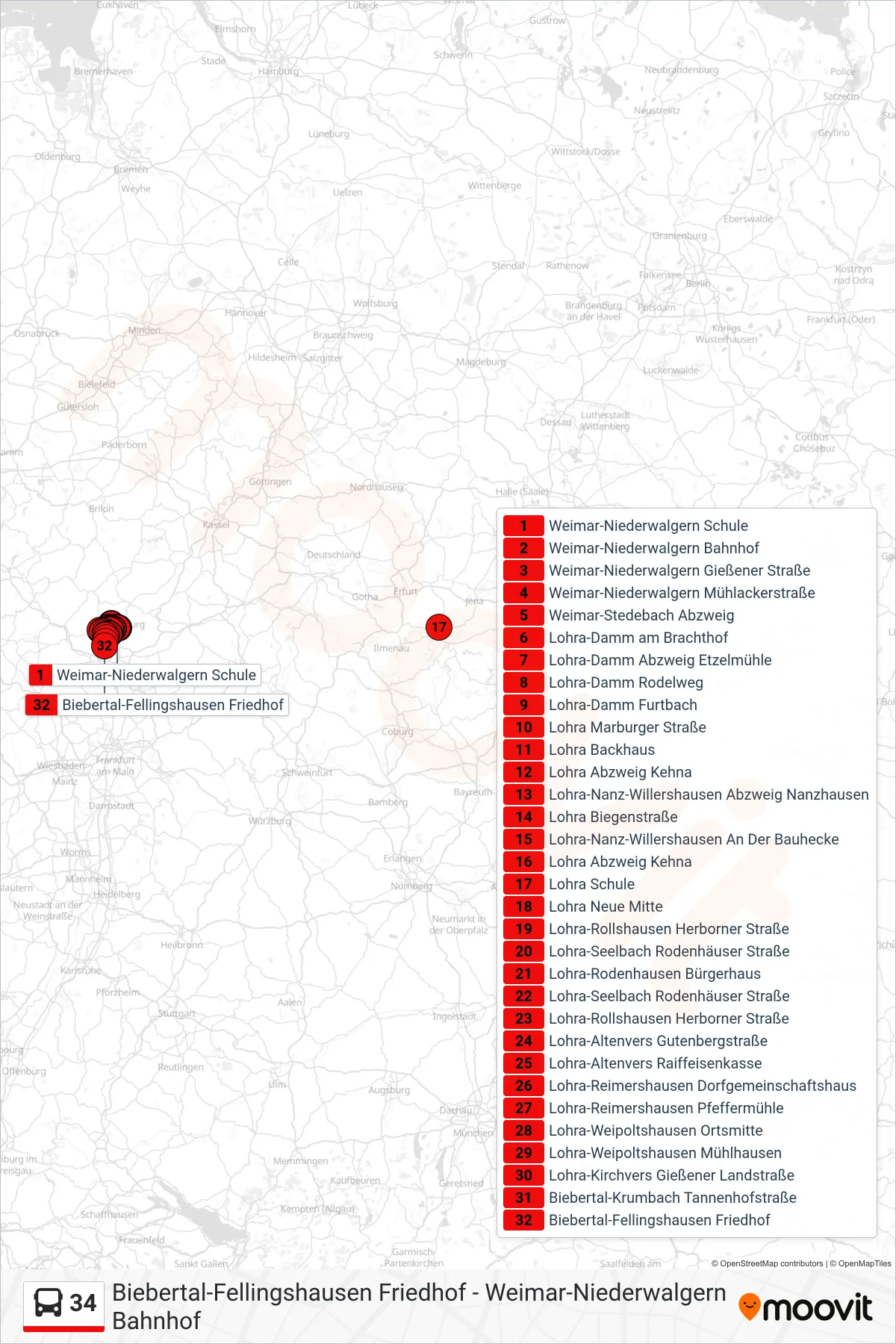 34 bus Line (Biebertal-Fellingshausen Friedhof) route and stops on a map