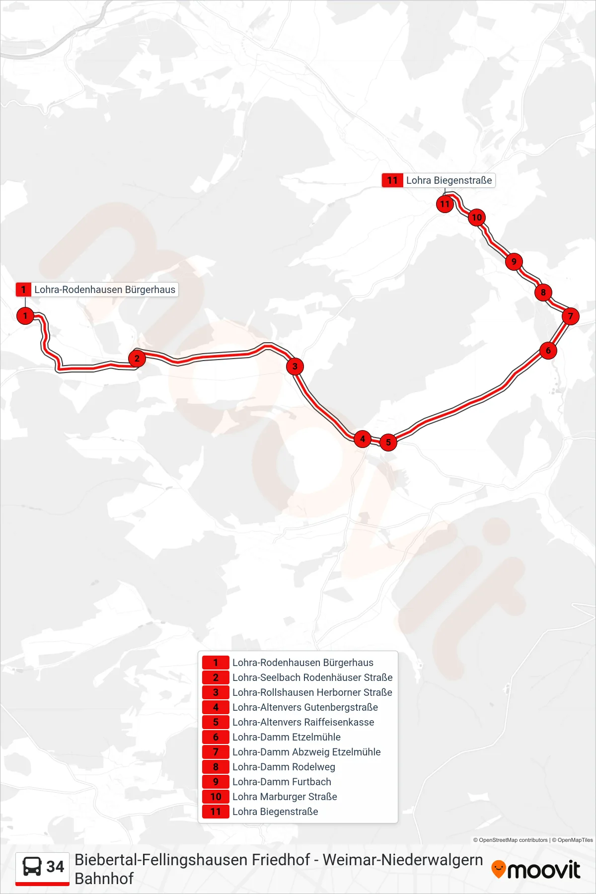 Linie 34 (Bus) Richtung Lohra Biegenstraße: Route und Haltestellen auf der Karte