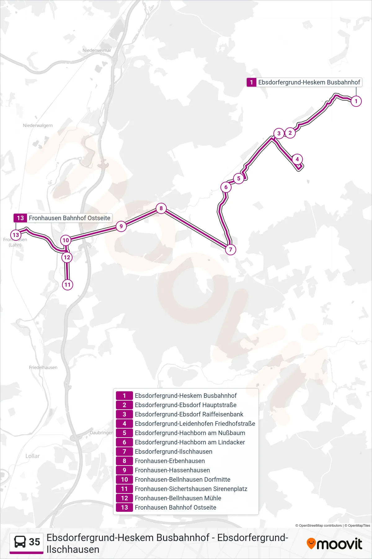 35 bus Line (Fronhausen Bahnhof Ostseite) route and stops on a map