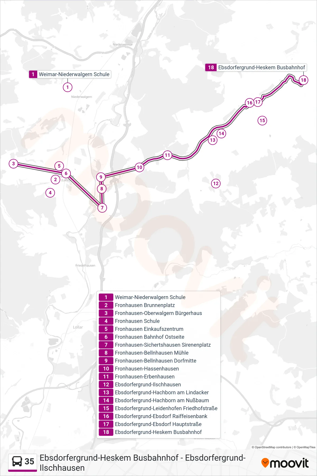35 bus Line (Ebsdorfergrund-Heskem Busbahnhof) route and stops on a map