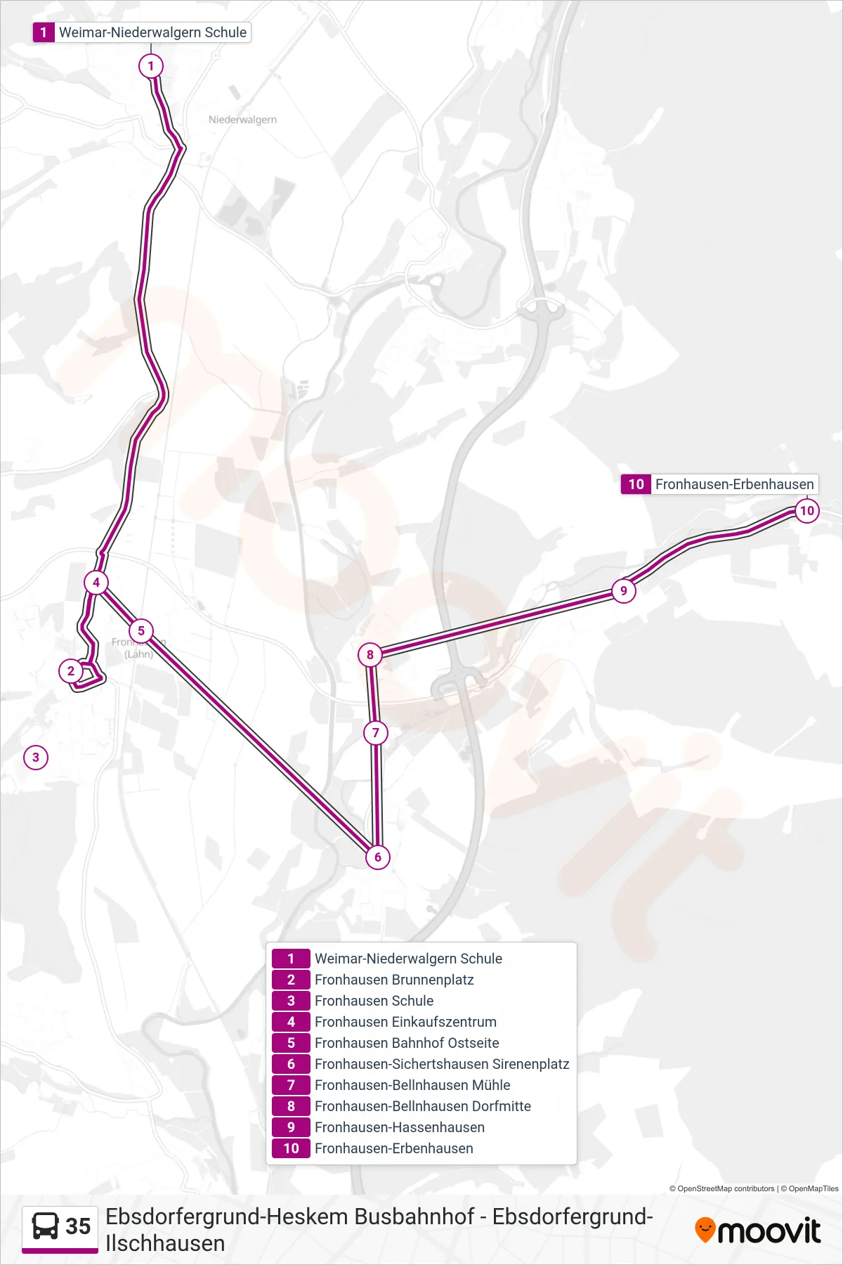 35 bus Line (Fronhausen-Erbenhausen) route and stops on a map