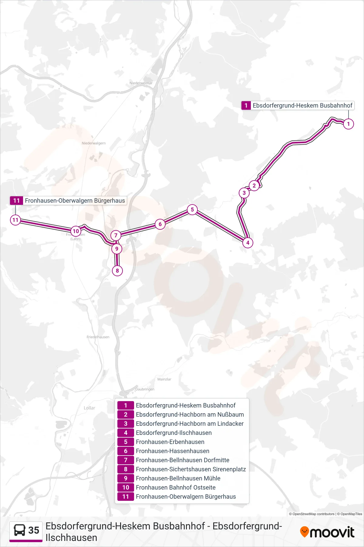 35 bus Line (Fronhausen-Oberwalgern Bürgerhaus) route and stops on a map