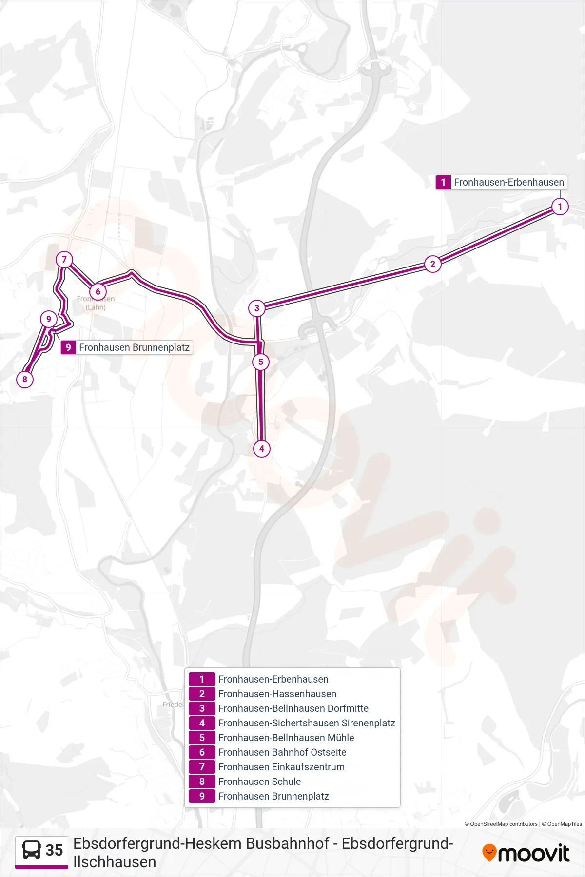 35 bus Line (Fronhausen Brunnenplatz) route and stops on a map