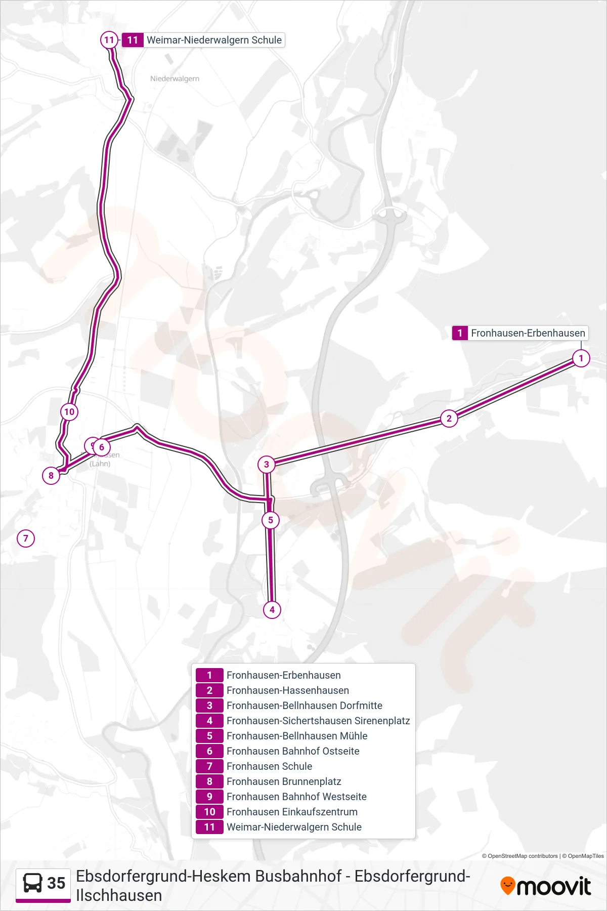 35 bus Line (Weimar-Niederwalgern Schule) route and stops on a map