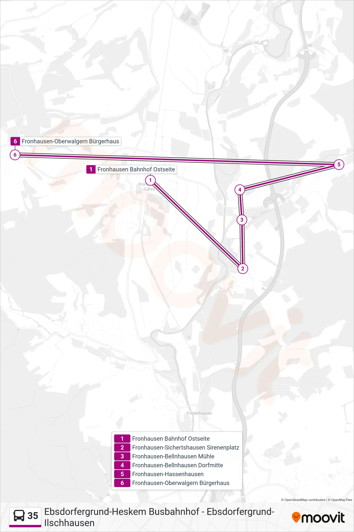 35 bus Line (Fronhausen-Oberwalgern Bürgerhaus) route and stops on a map