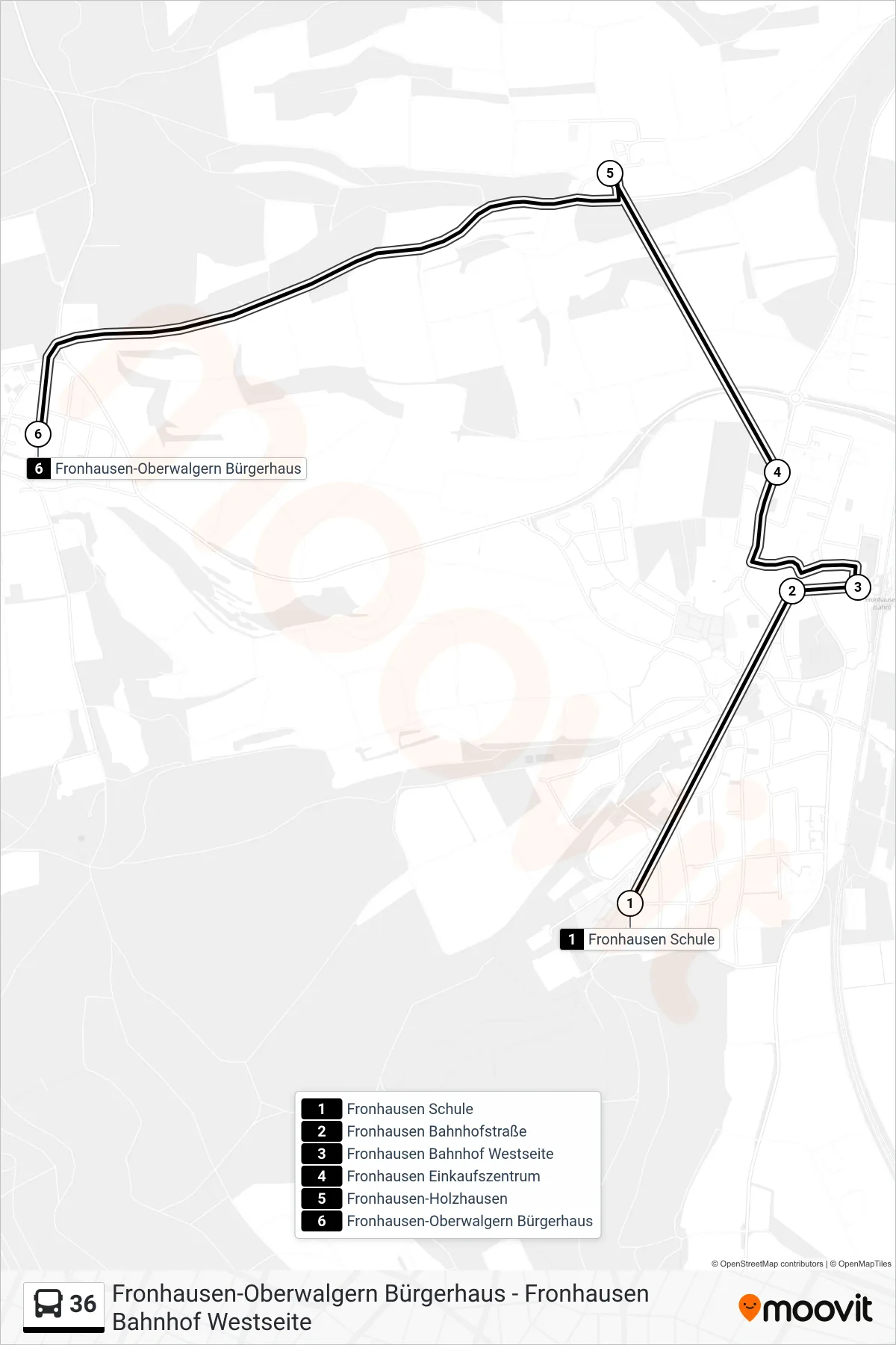 36 bus Line (Fronhausen-Oberwalgern Bürgerhaus) route and stops on a map