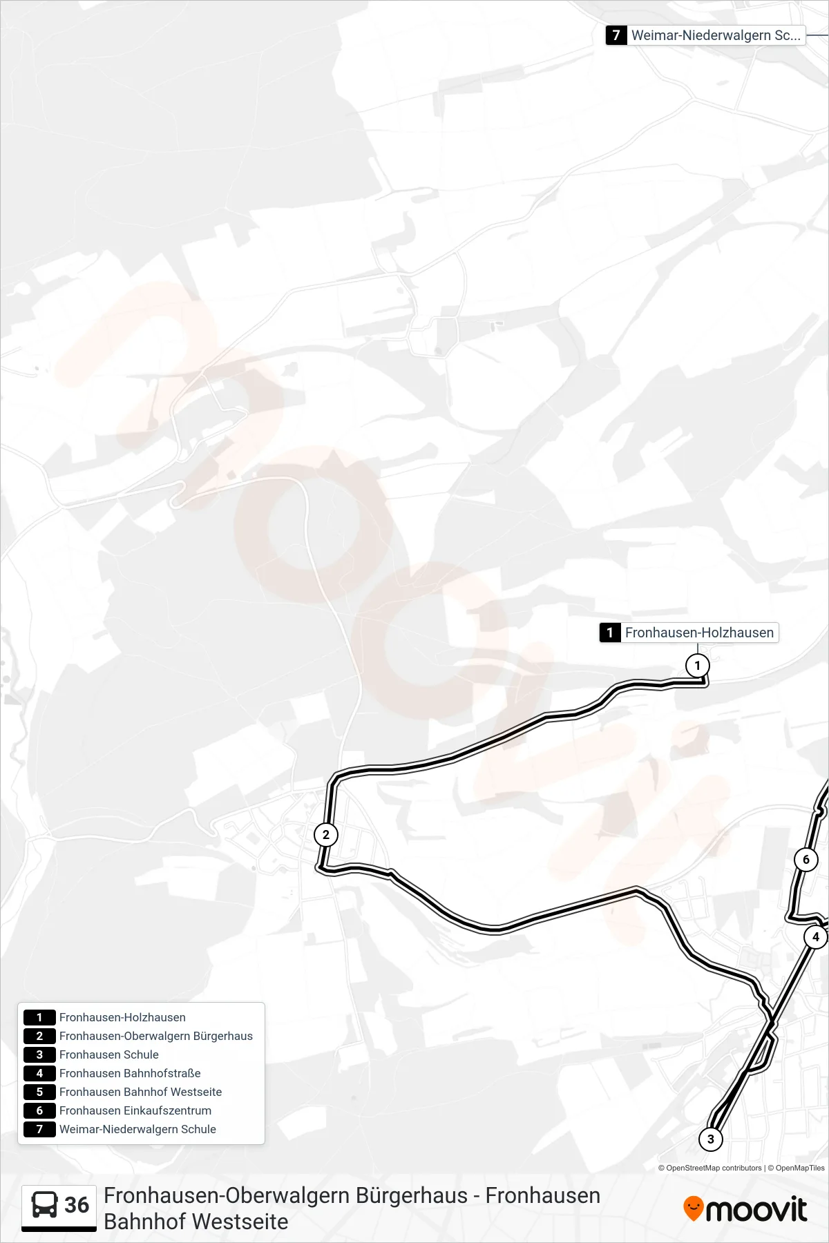 36 bus Line (Weimar-Niederwalgern Schule) route and stops on a map