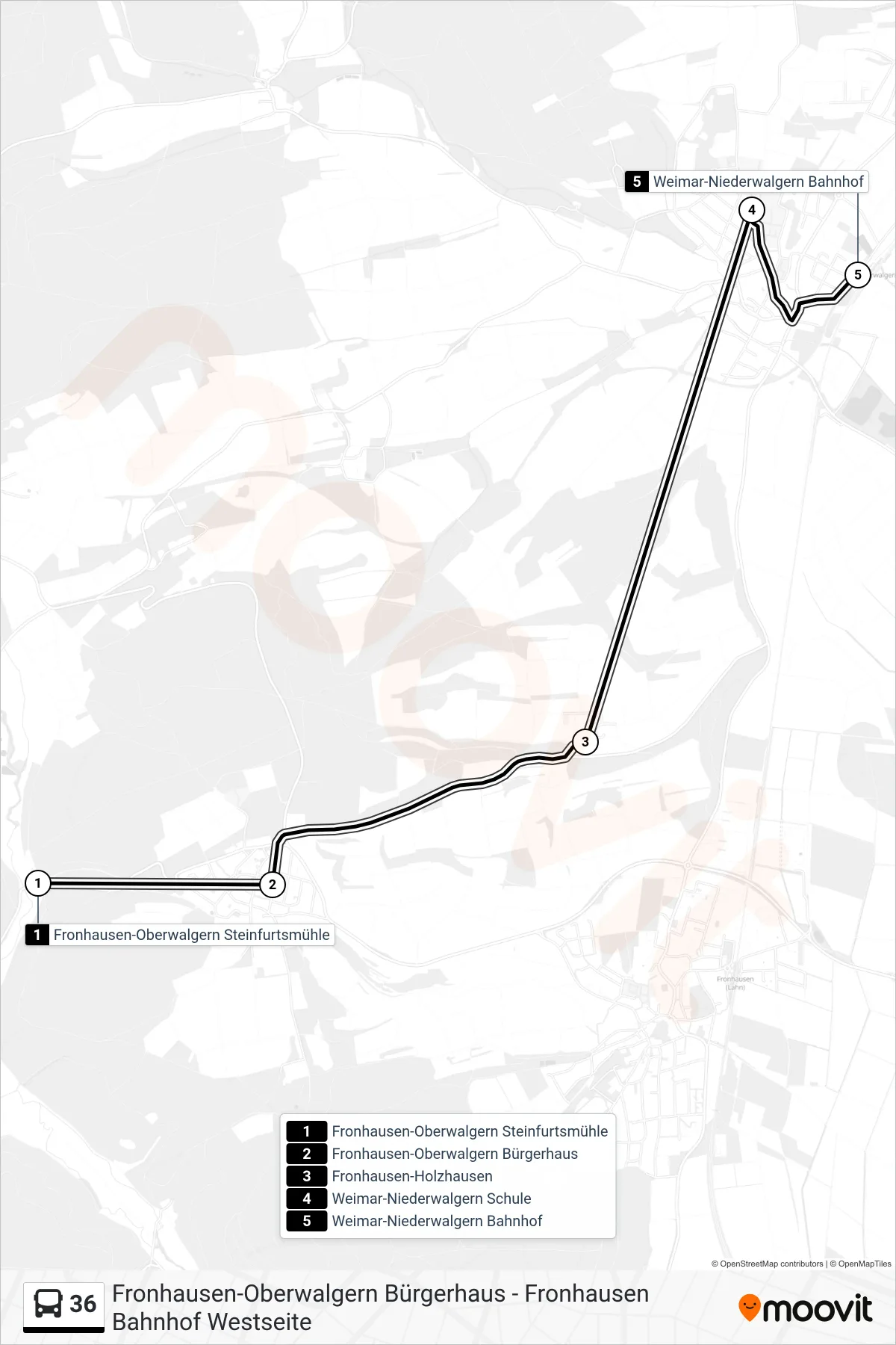 36 bus Line (Weimar-Niederwalgern Bahnhof) route and stops on a map