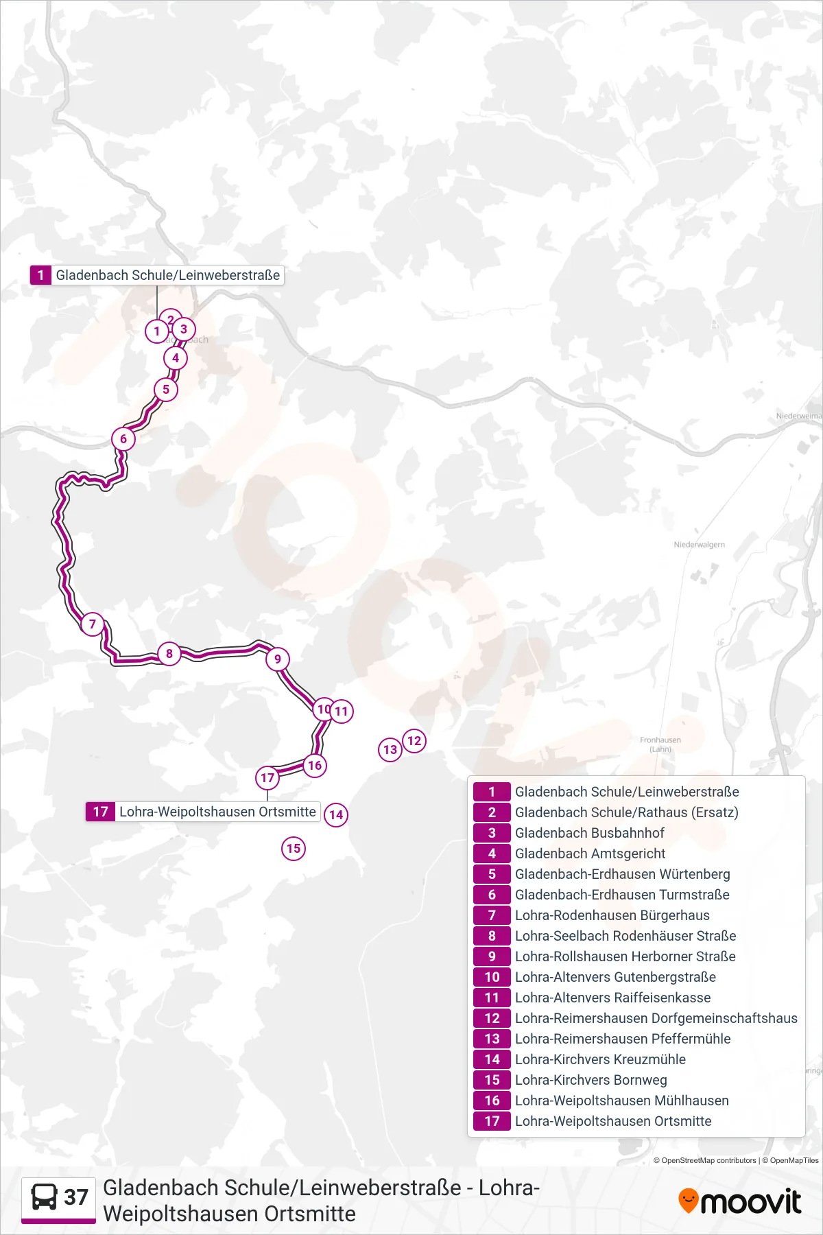 Linie 37 (Bus) Richtung Lohra-Weipoltshausen Ortsmitte: Route und Haltestellen auf der Karte