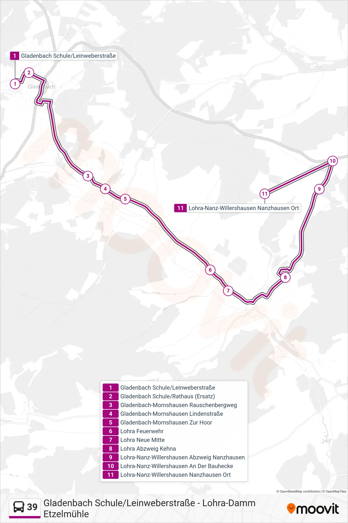 39 bus Line (Lohra-Nanz-Willershausen Nanzhausen Ort) route and stops on a map