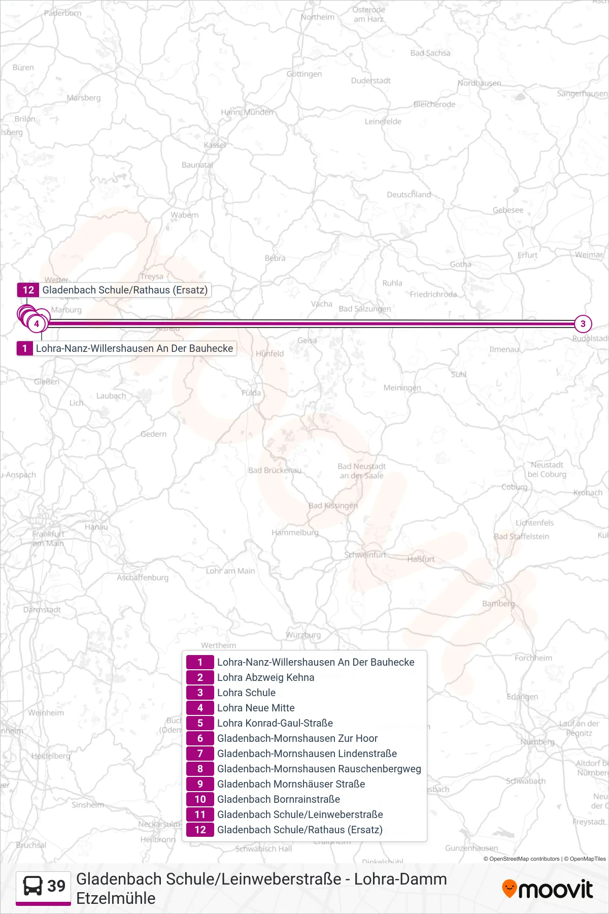 39 bus Line (Gladenbach Schule/Rathaus (Ersatz)) route and stops on a map