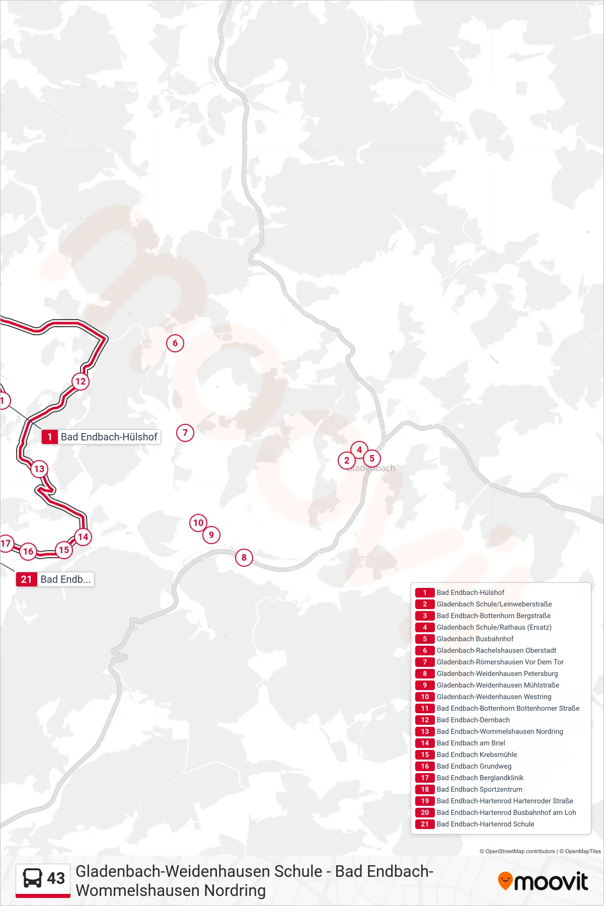 43 bus Line (Bad Endbach-Hartenrod Schule) route and stops on a map
