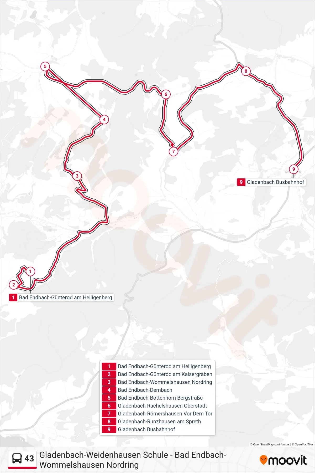 43 bus Line (Gladenbach Busbahnhof) route and stops on a map