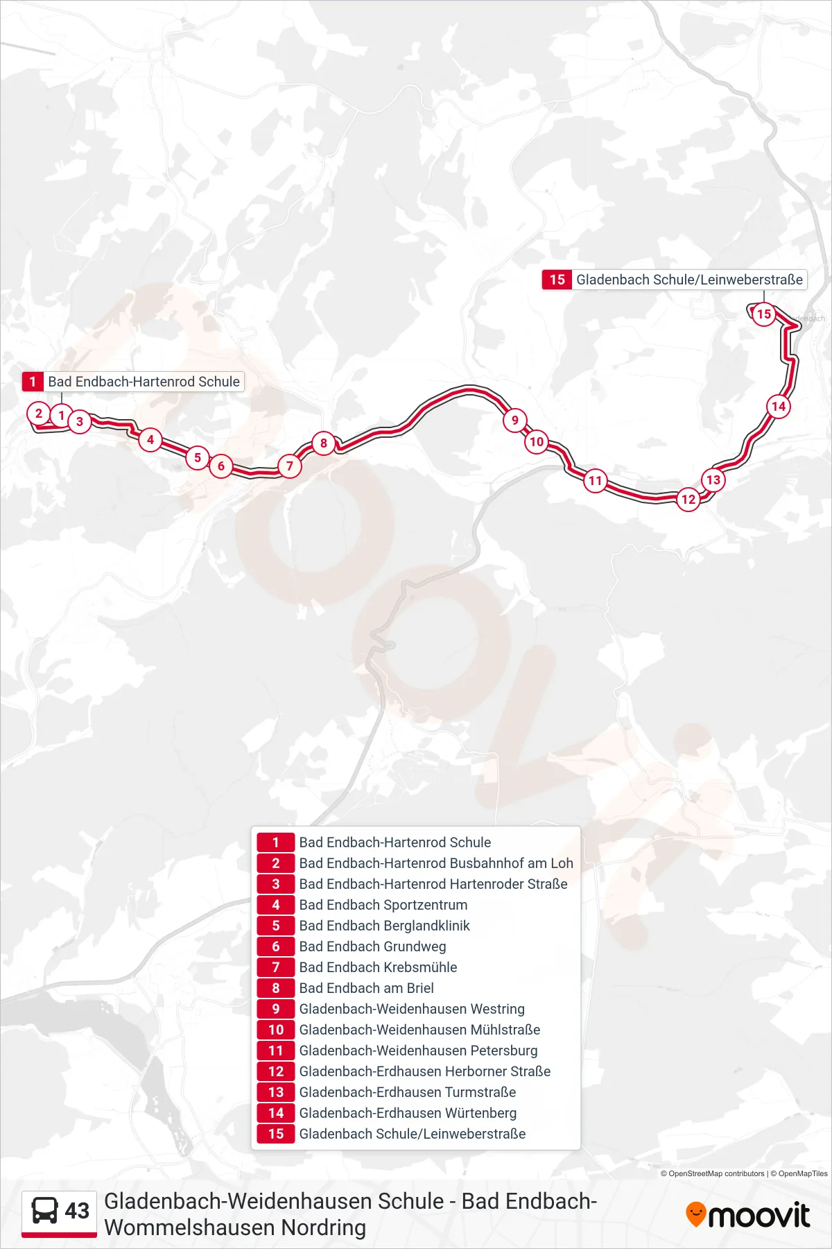 43 bus Line (Gladenbach Schule/Leinweberstraße) route and stops on a map
