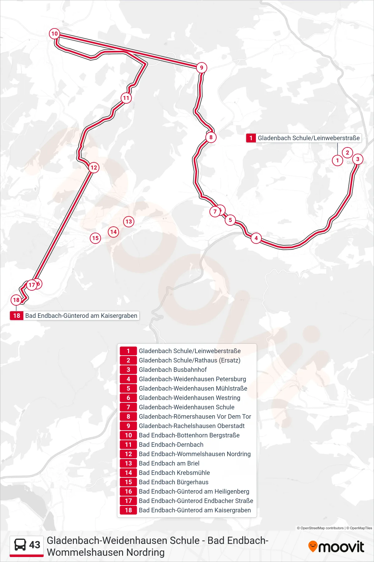 43 bus Line (Bad Endbach-Günterod am Kaisergraben) route and stops on a map
