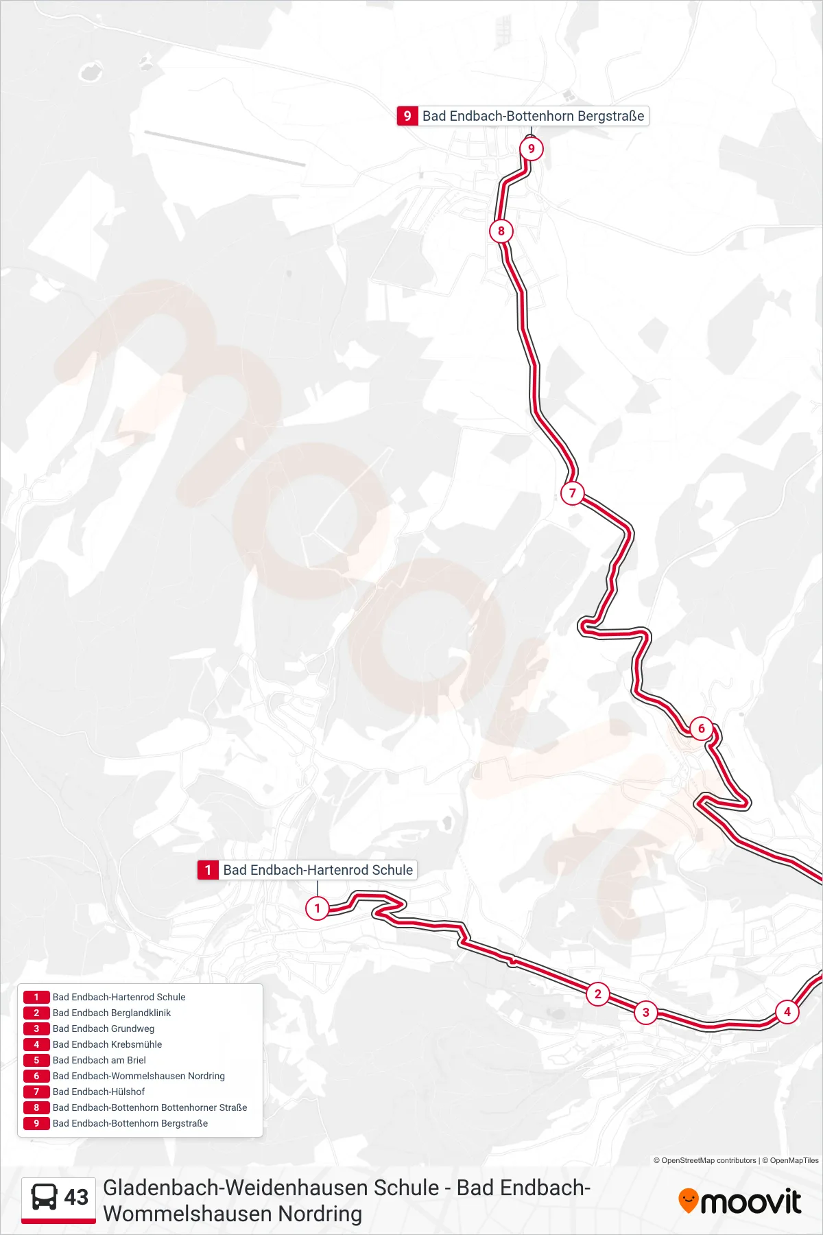 43 bus Line (Bad Endbach-Bottenhorn Bergstraße) route and stops on a map