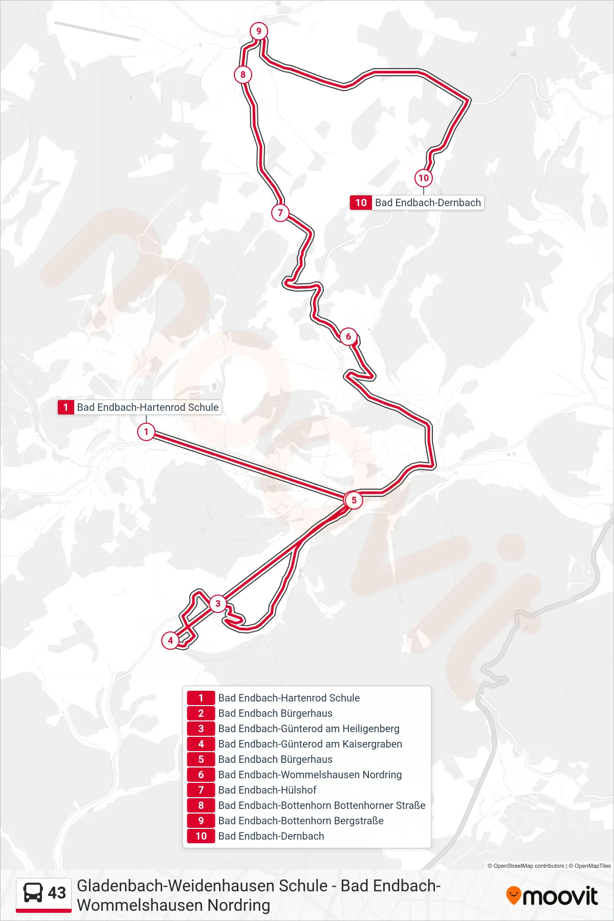 Linie 43 (Bus) Richtung Bad Endbach-Dernbach: Route und Haltestellen auf der Karte