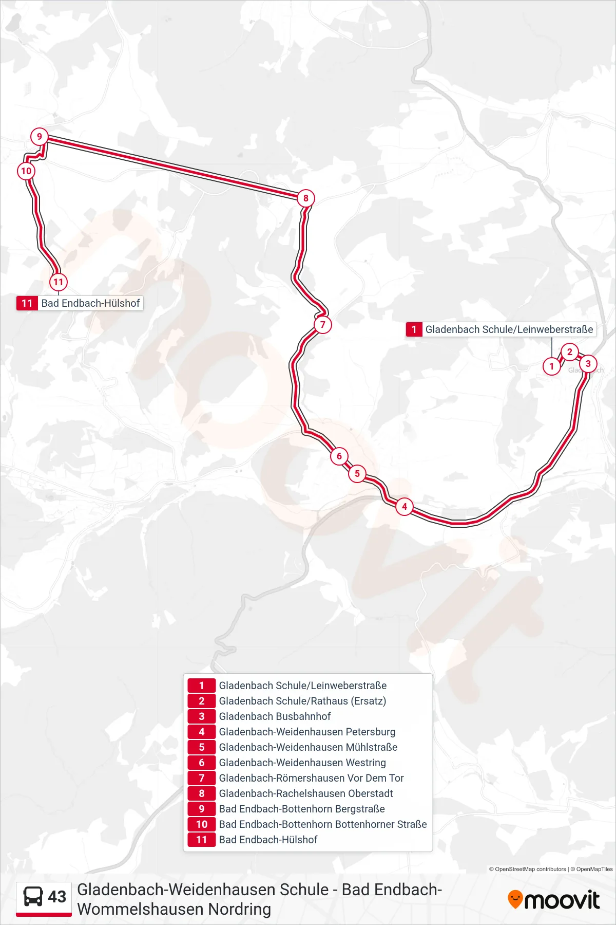 43 bus Line (Bad Endbach-Hülshof) route and stops on a map