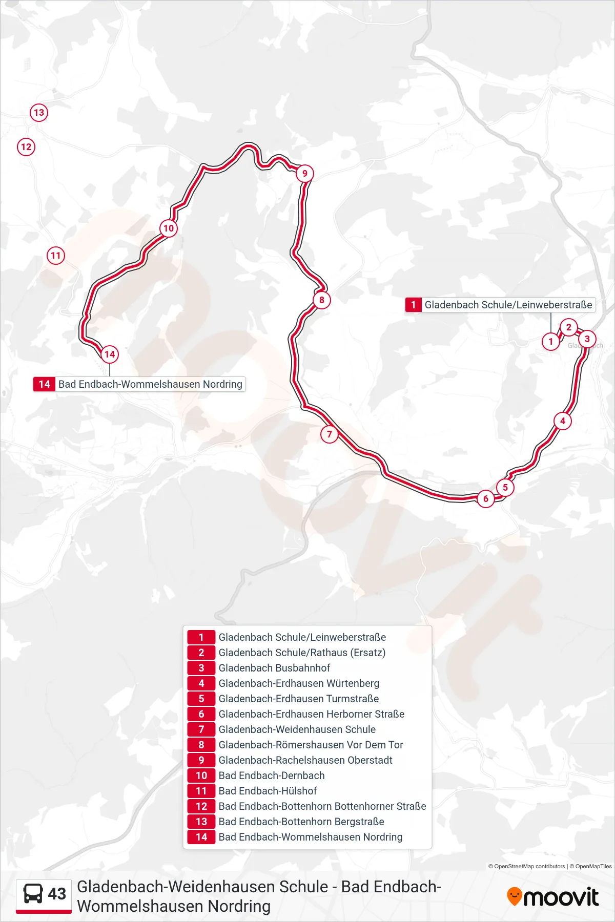 43 bus Line (Bad Endbach-Wommelshausen Nordring) route and stops on a map
