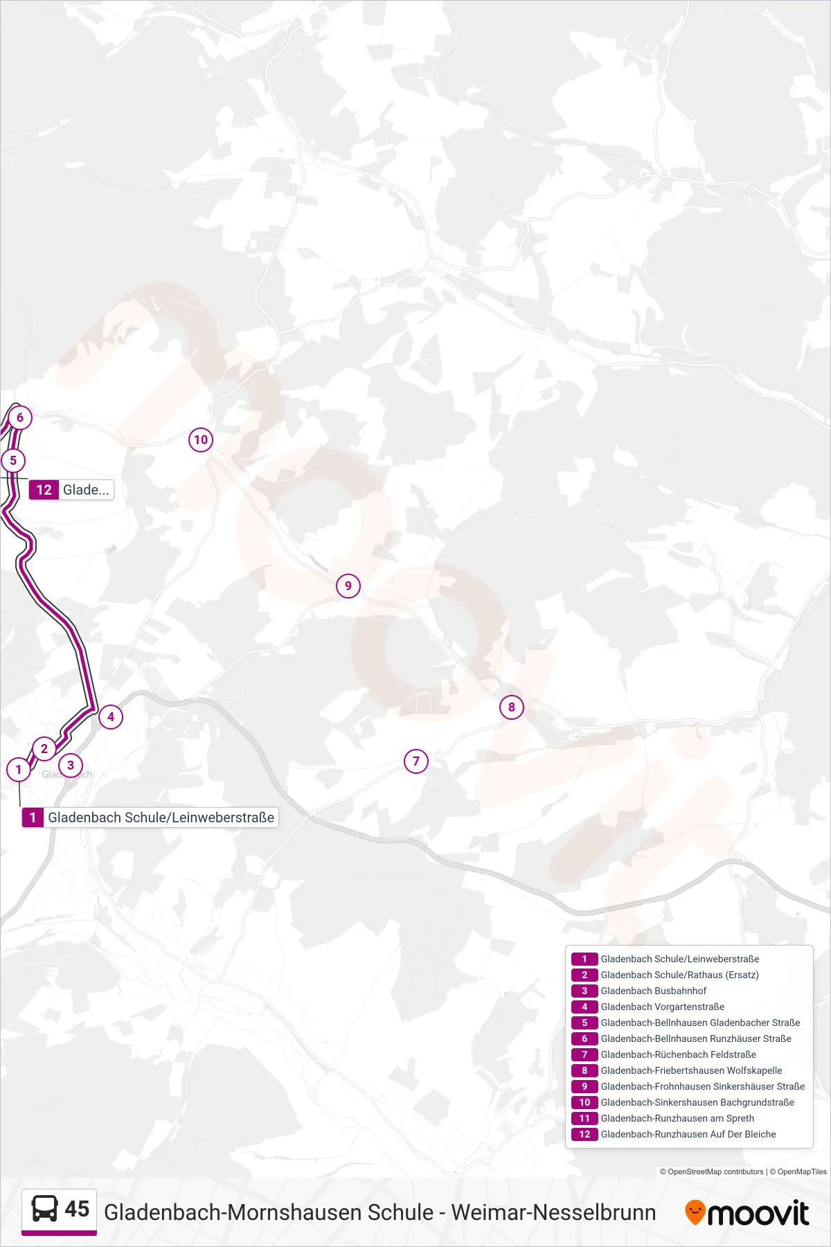 45 bus Line (Gladenbach-Runzhausen Auf Der Bleiche) route and stops on a map