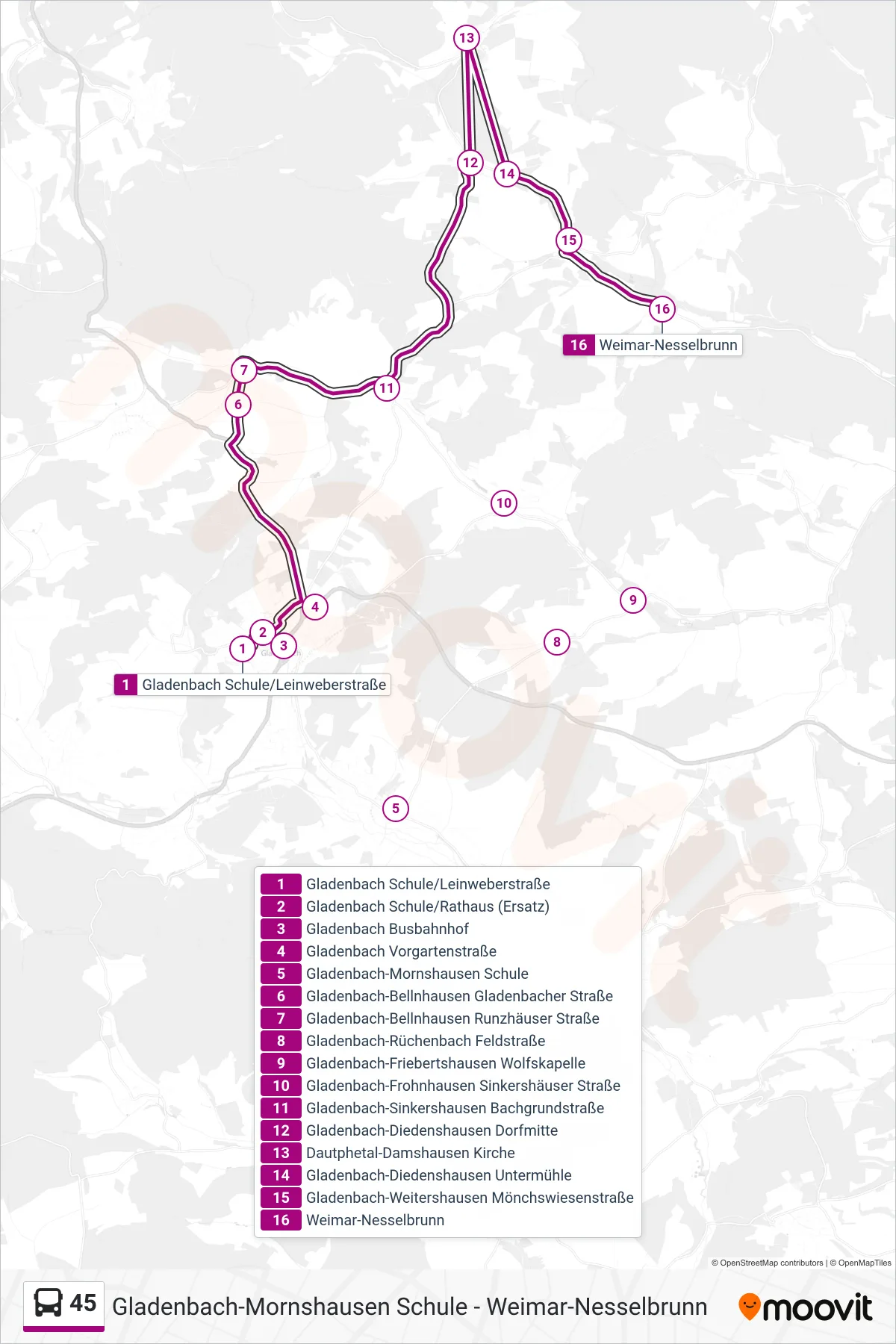 45 bus Line (Weimar-Nesselbrunn) route and stops on a map