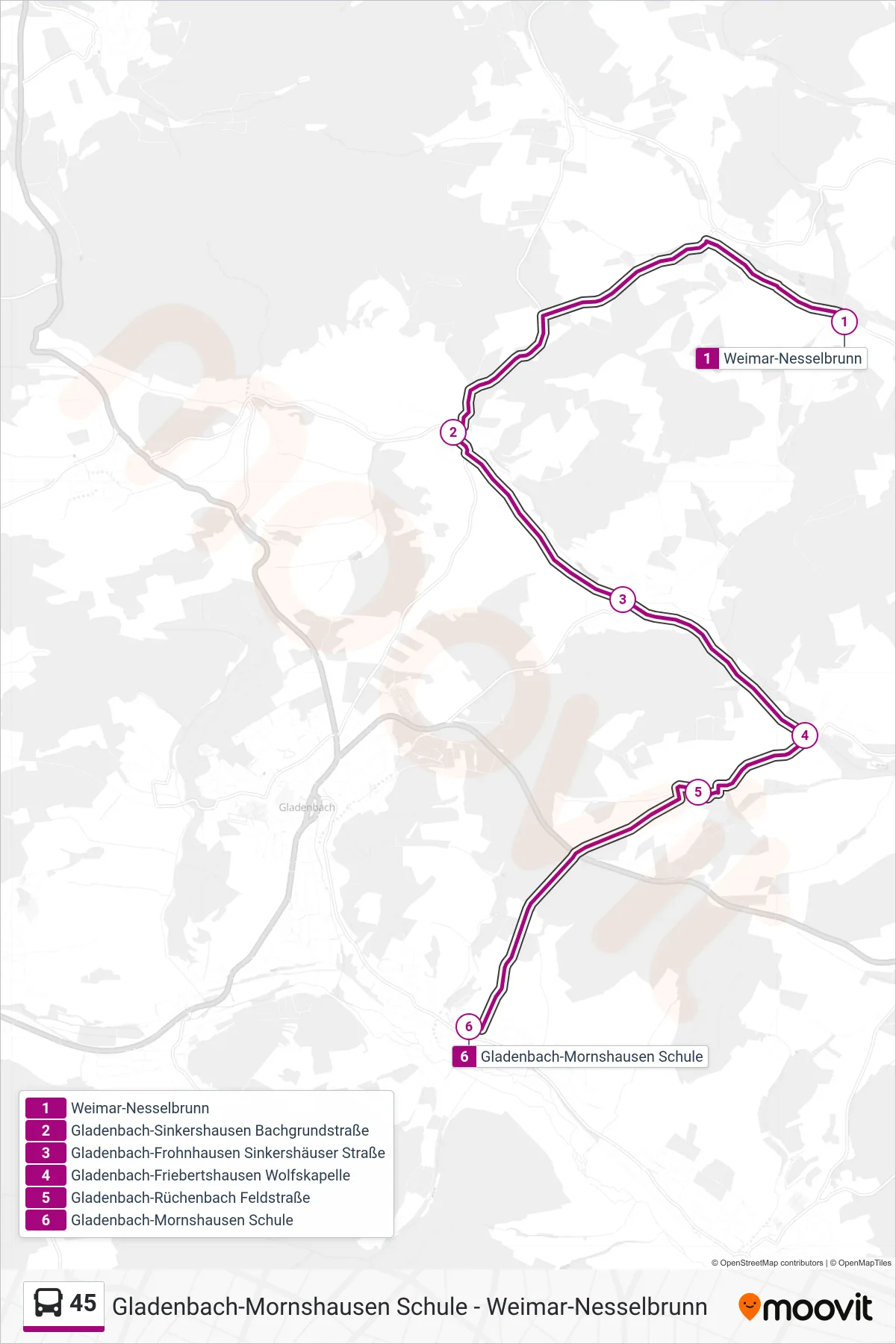 Linie 45 (Bus) Richtung Gladenbach-Mornshausen Schule: Route und Haltestellen auf der Karte