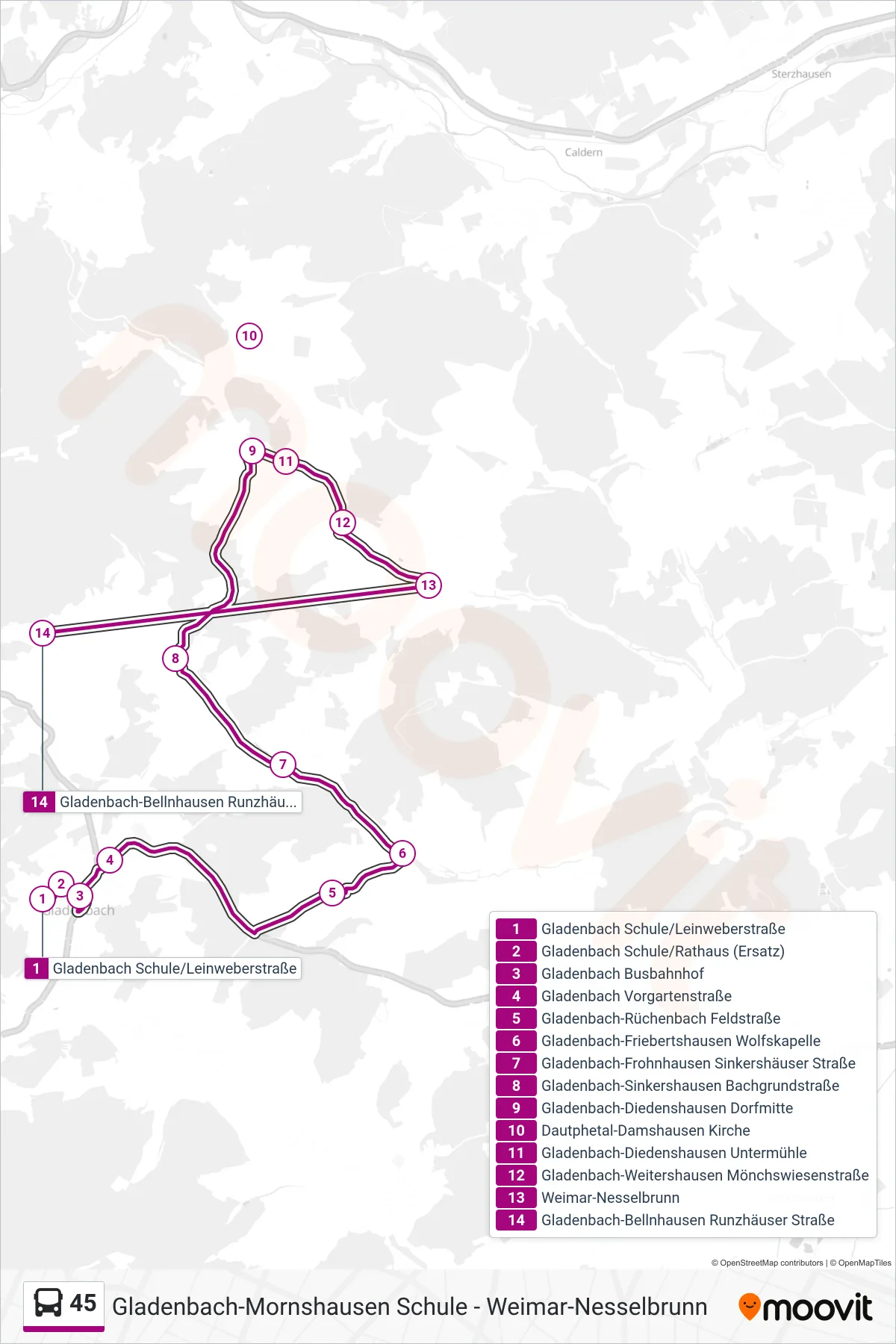 45 bus Line (Gladenbach-Bellnhausen Runzhäuser Straße) route and stops on a map