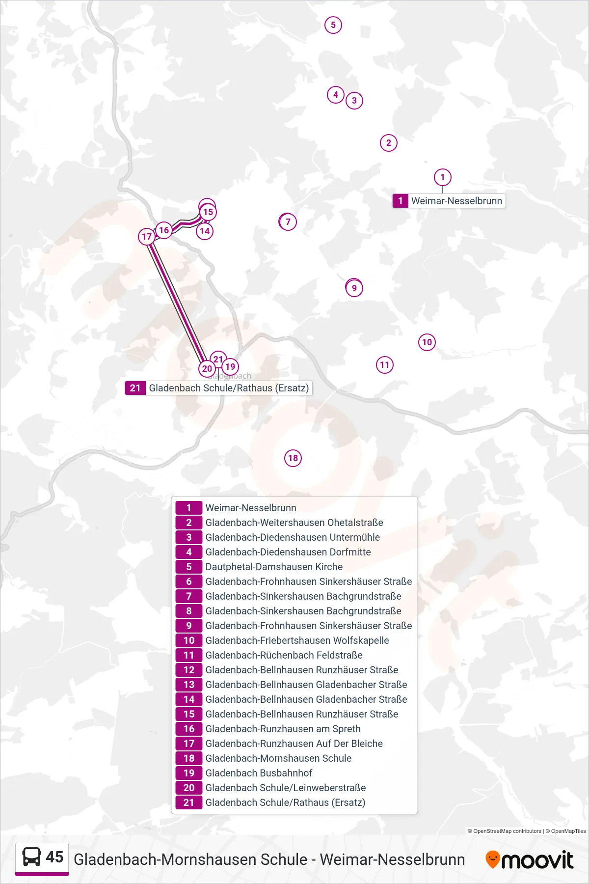 45 bus Line (Gladenbach Schule/Rathaus (Ersatz)) route and stops on a map