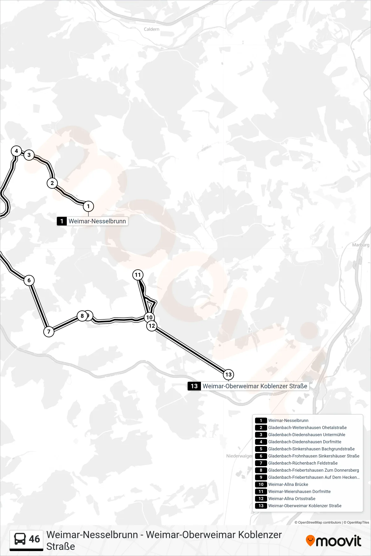 Linie 46 (Bus) Richtung Weimar-Oberweimar Koblenzer Straße: Route und Haltestellen auf der Karte