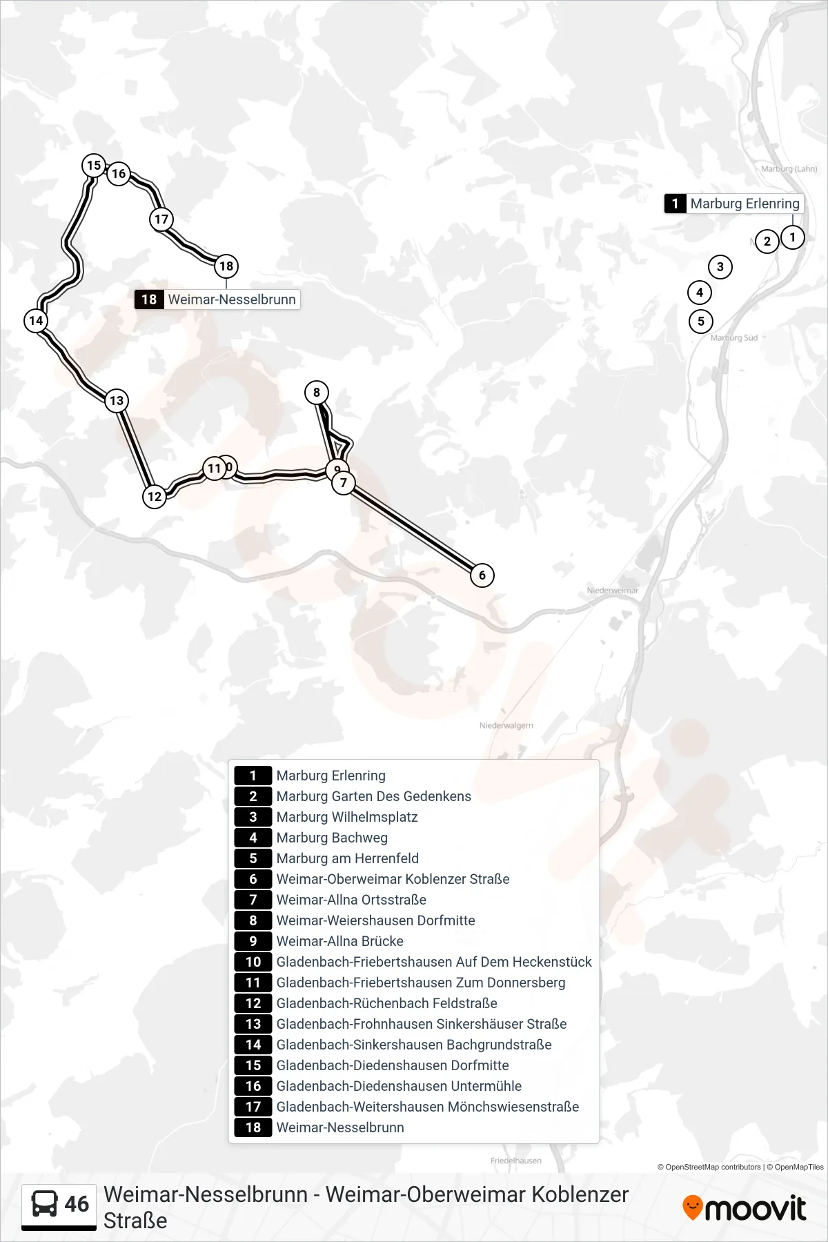 46 bus Line (Weimar-Nesselbrunn) route and stops on a map