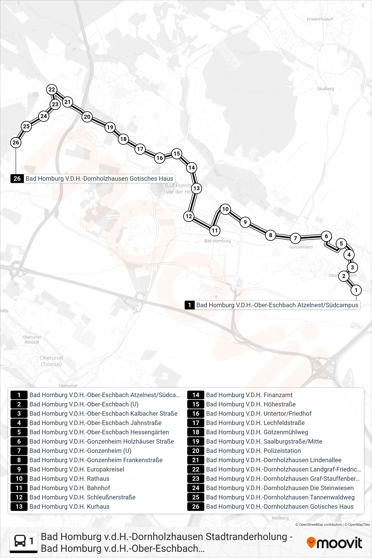 1 bus Line (Bad Homburg V.D.H.-Dornholzhausen Gotisches Haus) route and stops on a map