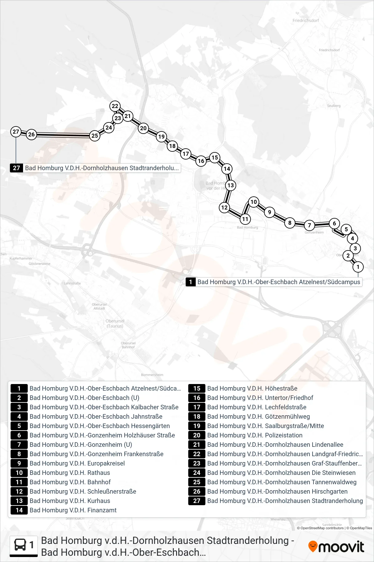 1 bus Line (Bad Homburg V.D.H.-Dornholzhausen Stadtranderholung) route and stops on a map