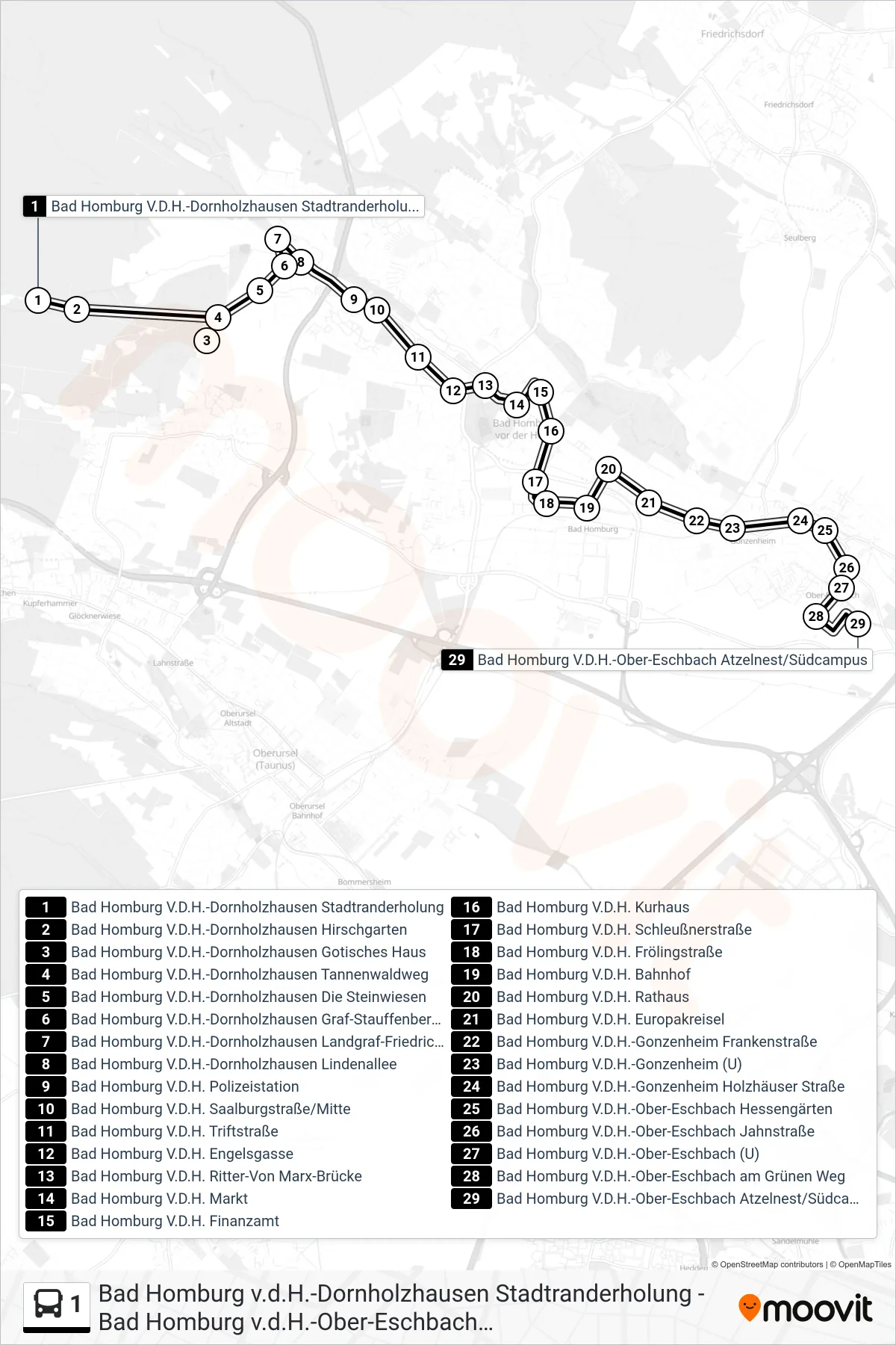 Linie 1 (Bus) Richtung Bad Homburg V.D.H.-Ober-Eschbach Atzelnest/Südcampus: Route und Haltestellen auf der Karte