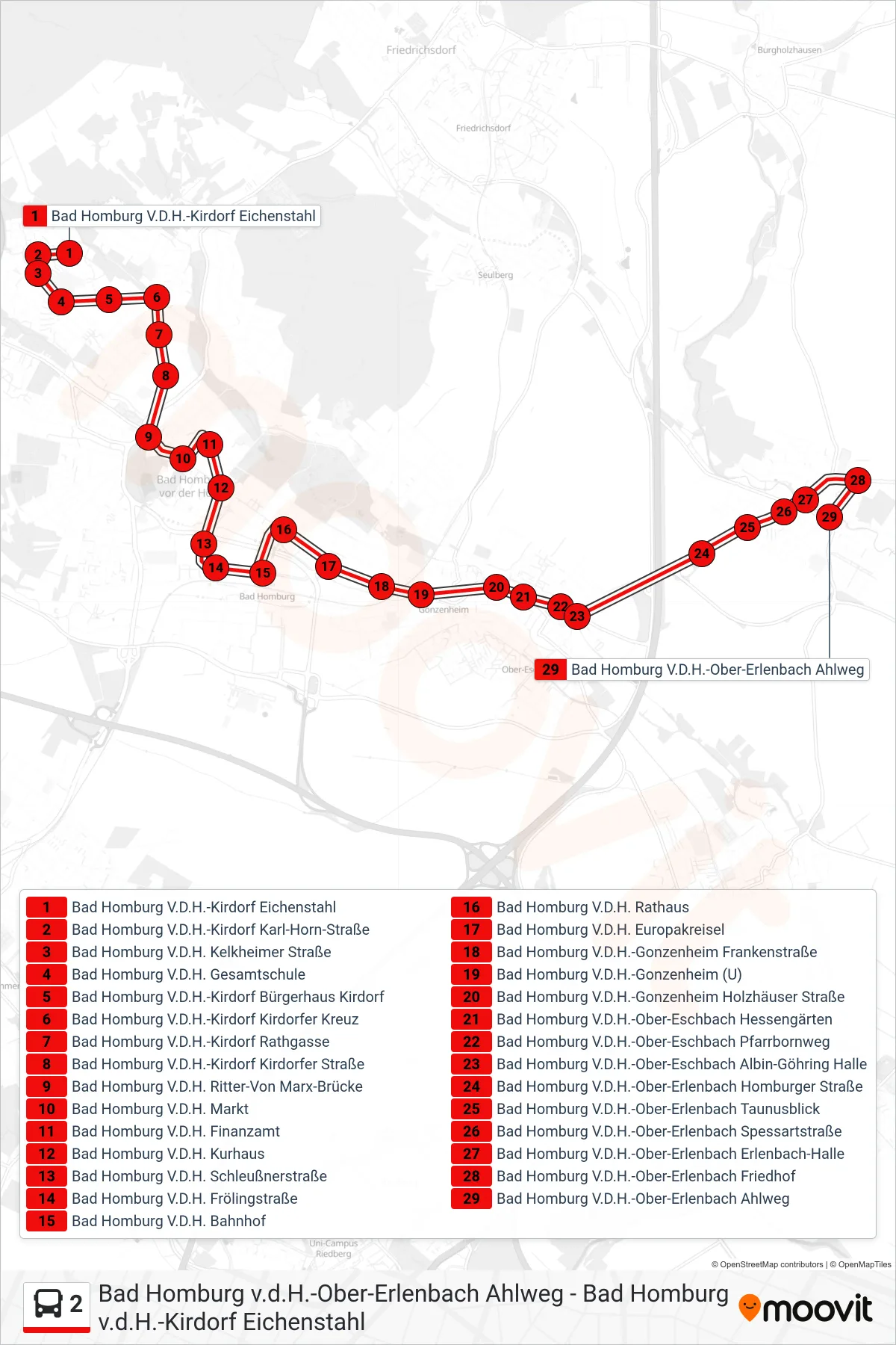 2 bus Line (Bad Homburg V.D.H.-Ober-Erlenbach Ahlweg) route and stops on a map