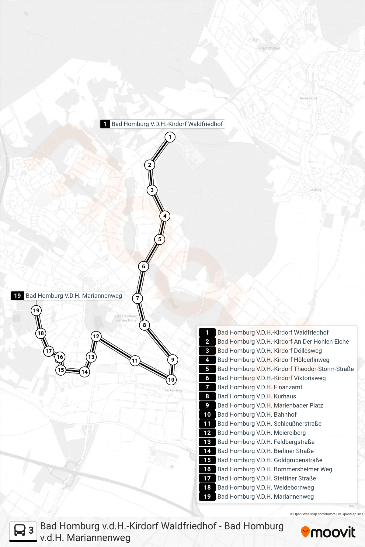 Linie 3 (Bus) Richtung Bad Homburg V.D.H. Mariannenweg: Route und Haltestellen auf der Karte