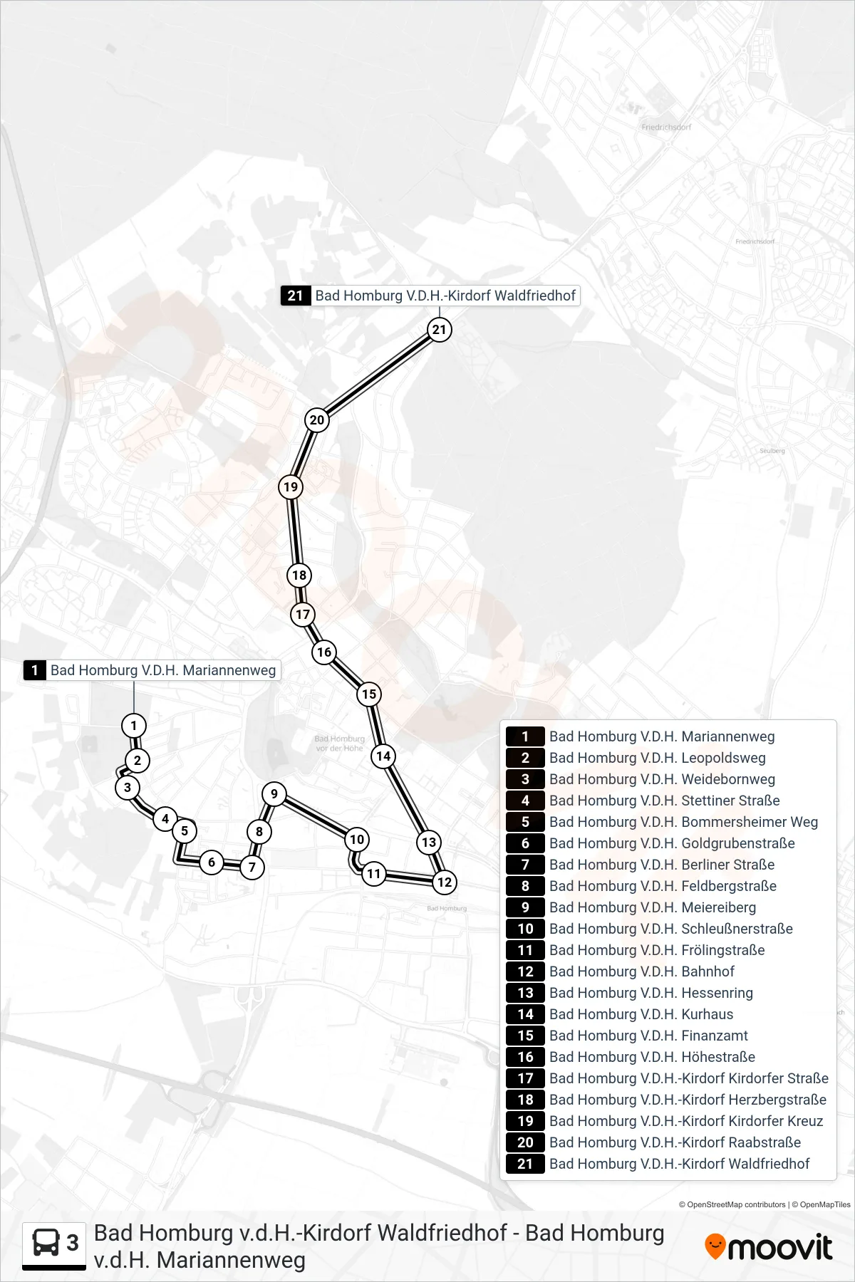 3 bus Line (Bad Homburg V.D.H.-Kirdorf Waldfriedhof) route and stops on a map