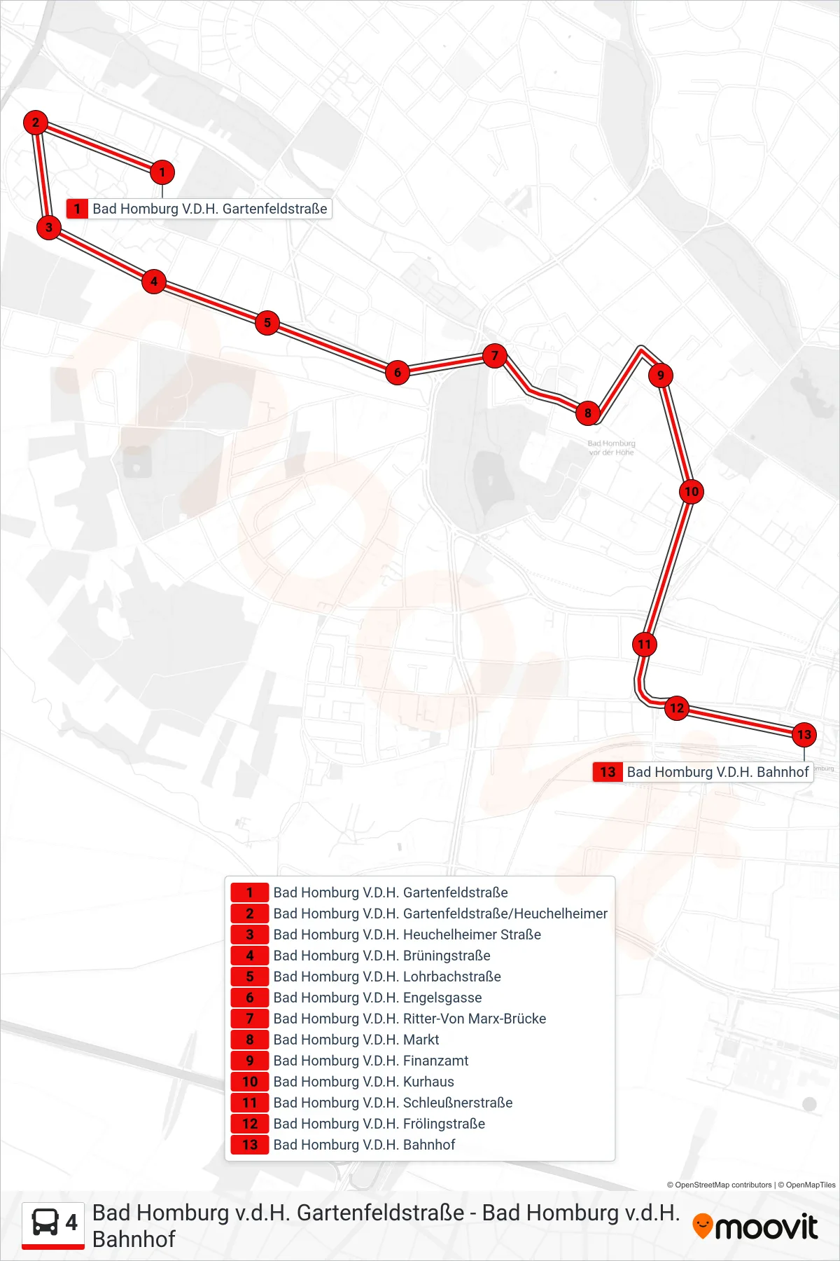 Linie 4 (Bus) Richtung Bad Homburg V.D.H. Bahnhof: Route und Haltestellen auf der Karte