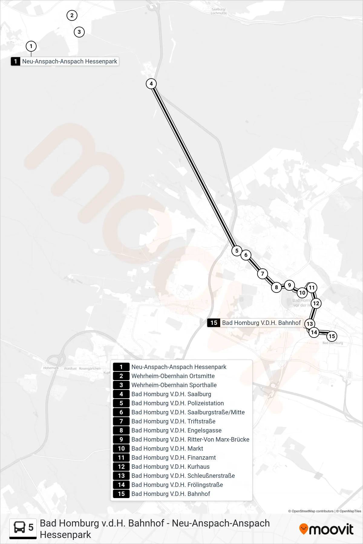5 bus Line (Bad Homburg V.D.H. Bahnhof) route and stops on a map
