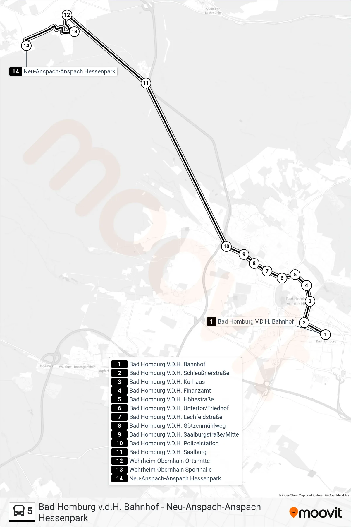 Linie 5 (Bus) Richtung Neu-Anspach-Anspach Hessenpark: Route und Haltestellen auf der Karte