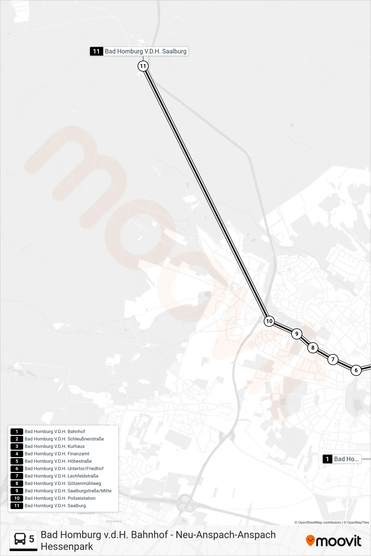 5 bus Line (Bad Homburg V.D.H. Saalburg) route and stops on a map