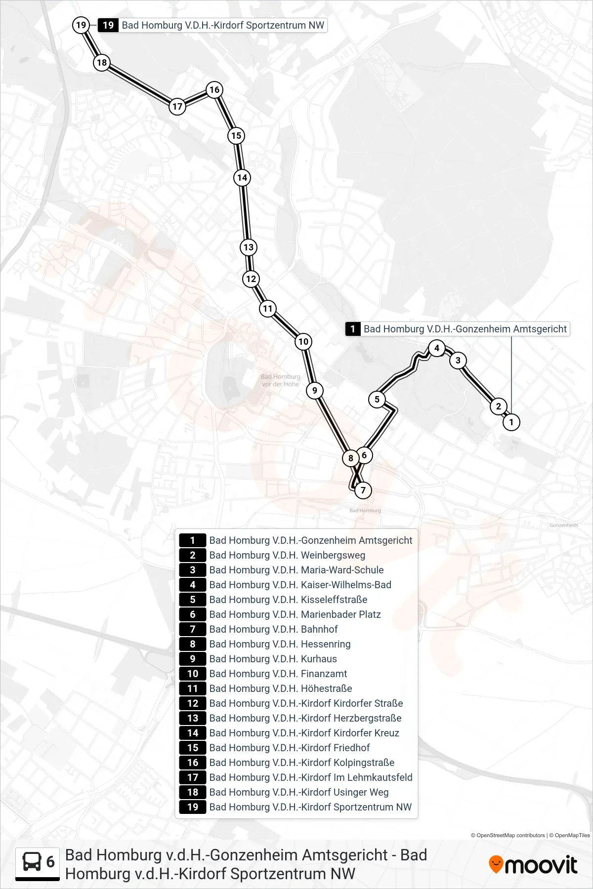 6 bus Line (Bad Homburg V.D.H.-Kirdorf Sportzentrum NW) route and stops on a map